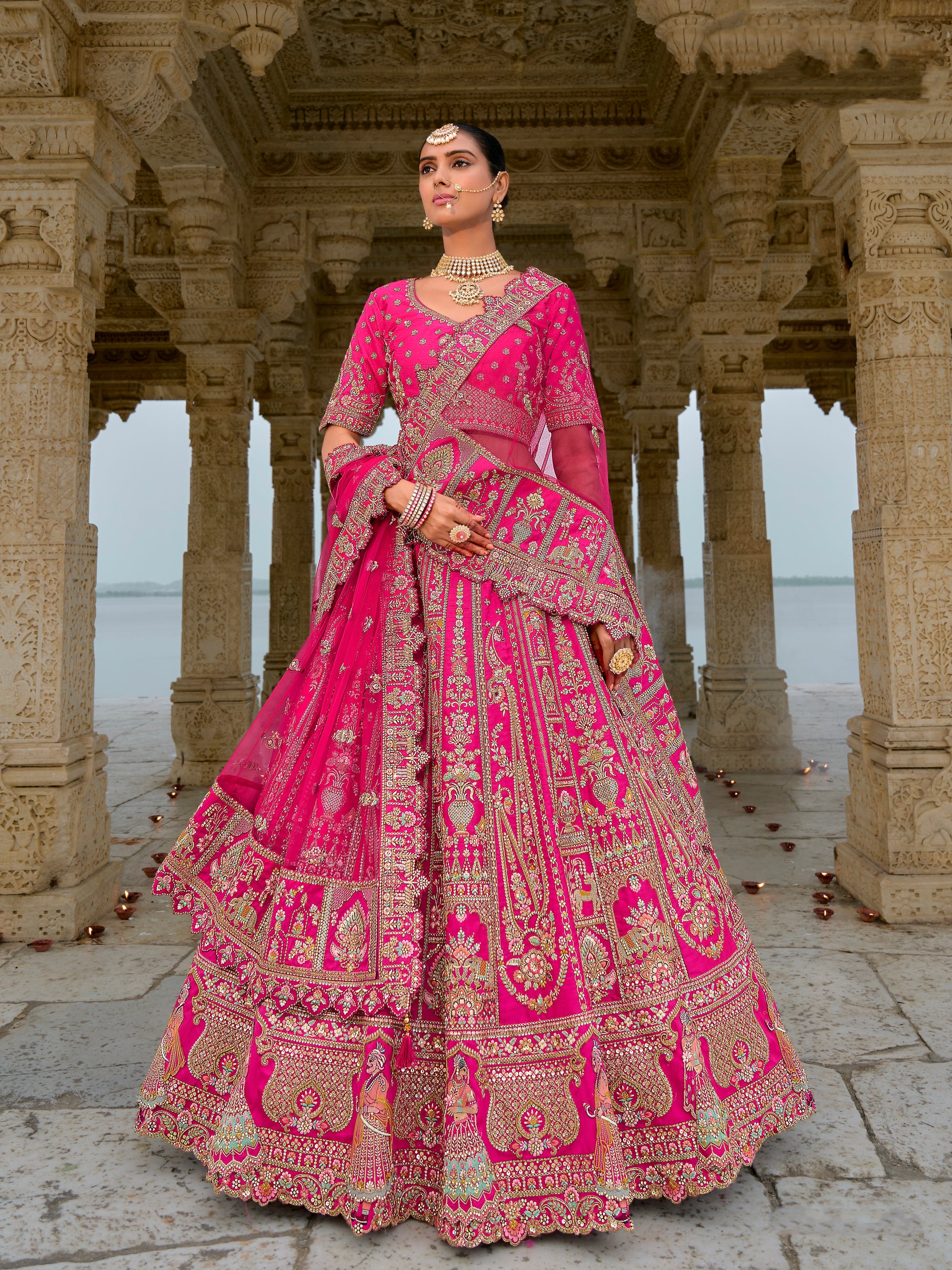 Bright Pink and Gold Embroidered Bridal Lehenga