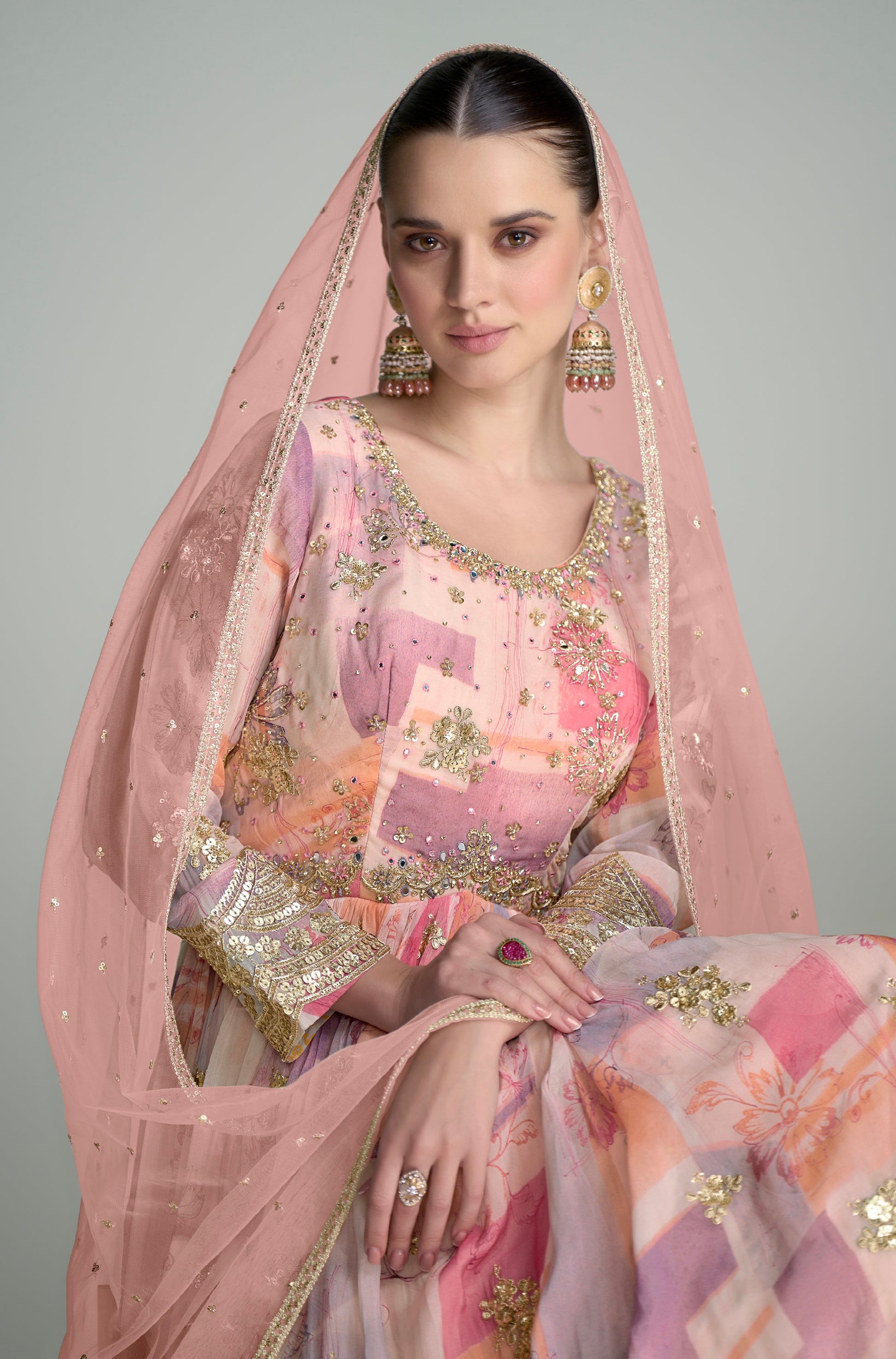 Pink Real Chinon Anarkali Suit with Embroidery and Mirror Work