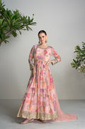 Pink Real Chinon Anarkali Suit with Embroidery and Mirror Work