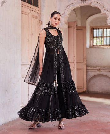 Black Anarkali Gown In Georgette With Zari Embroidery