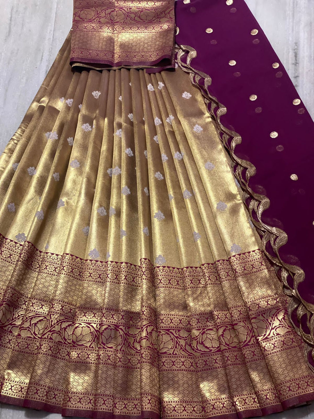 Beautiful Kanjiveram Silk Pure Zari HALF Saree with Blouse Along With Dupptta