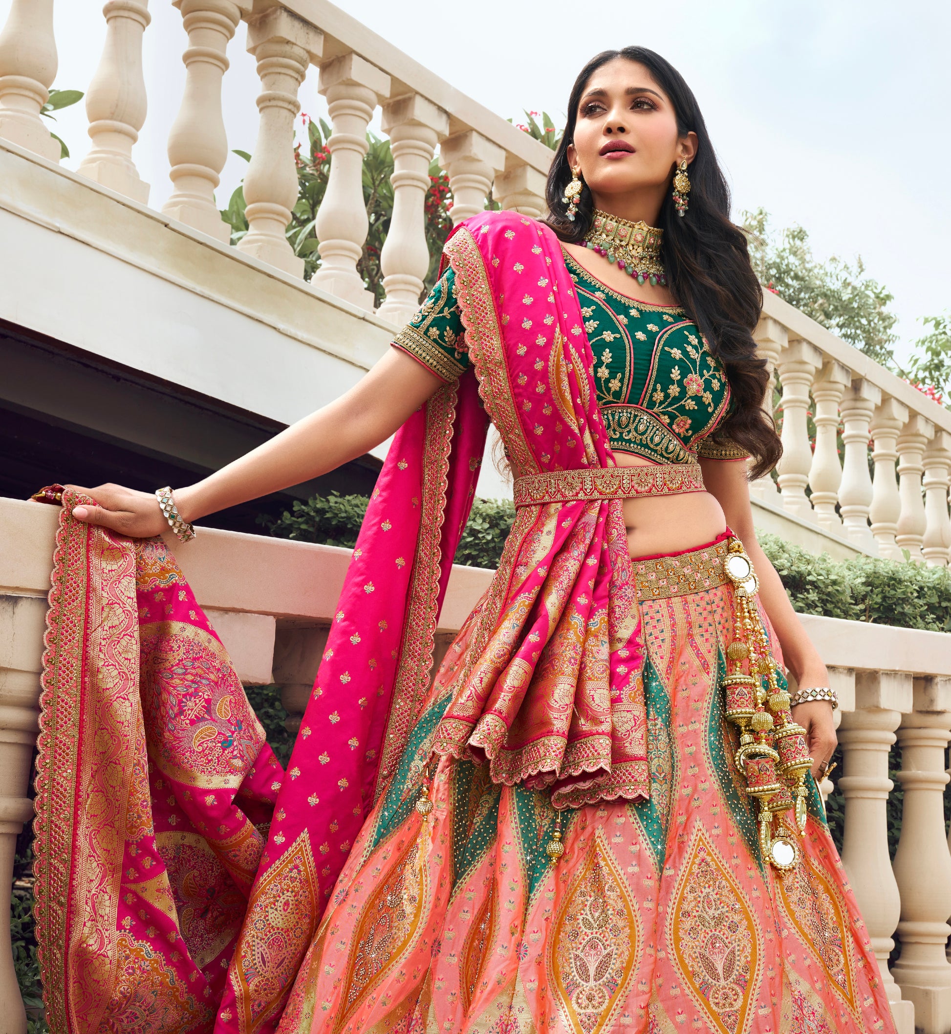 Multicolor Banarasi Silk Lehenga with Zarkan Work for Weddings