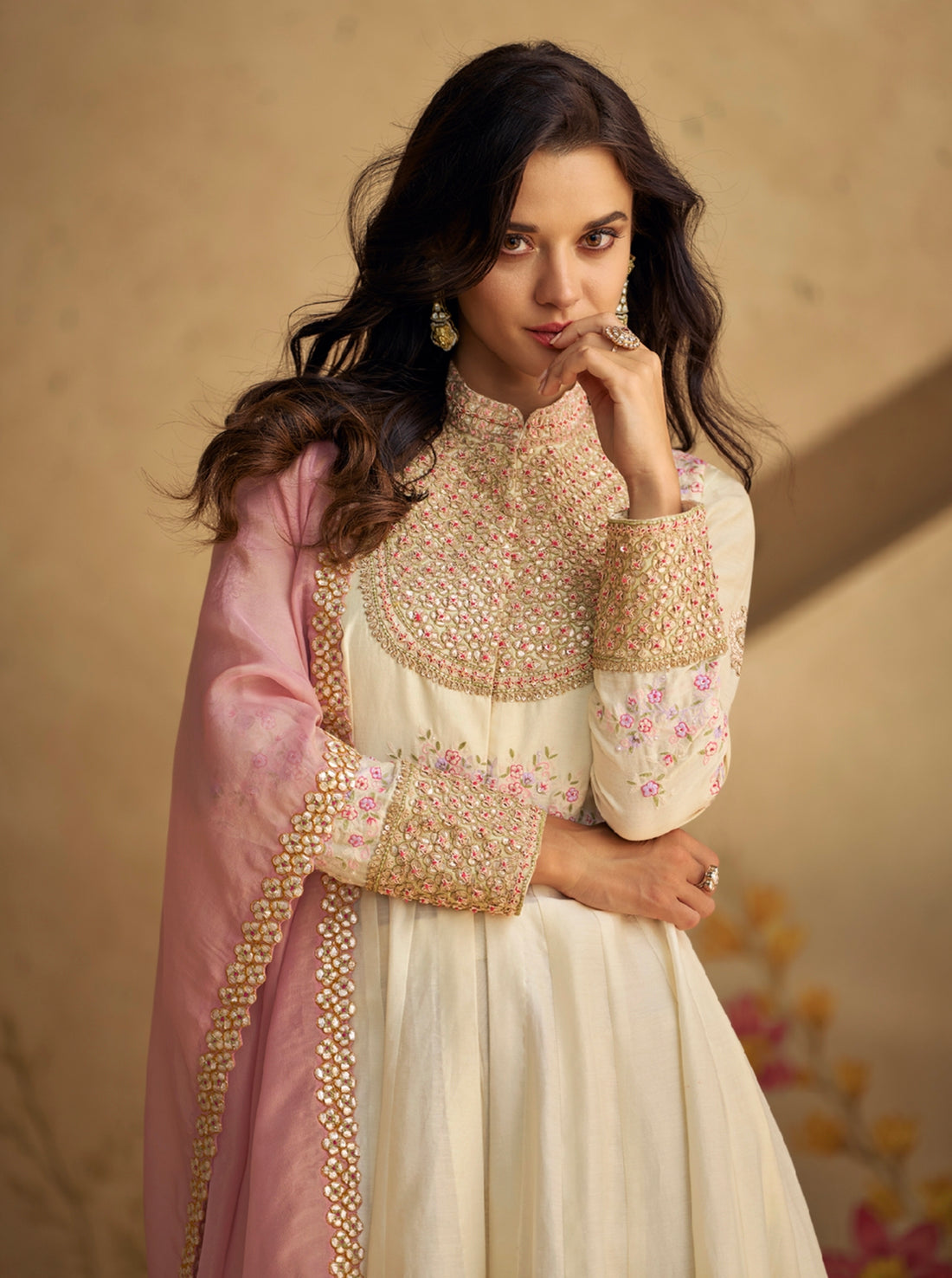 Ivory Pure Silk Anarkali Suit with Pink Embroidered Dupatta