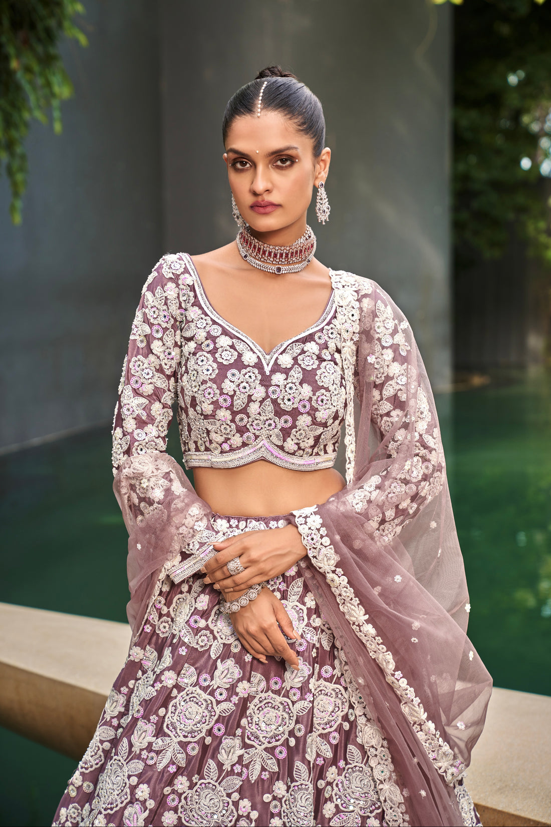 Lavender Satin Bridal Lehenga with Moti and Sequins Embroidery