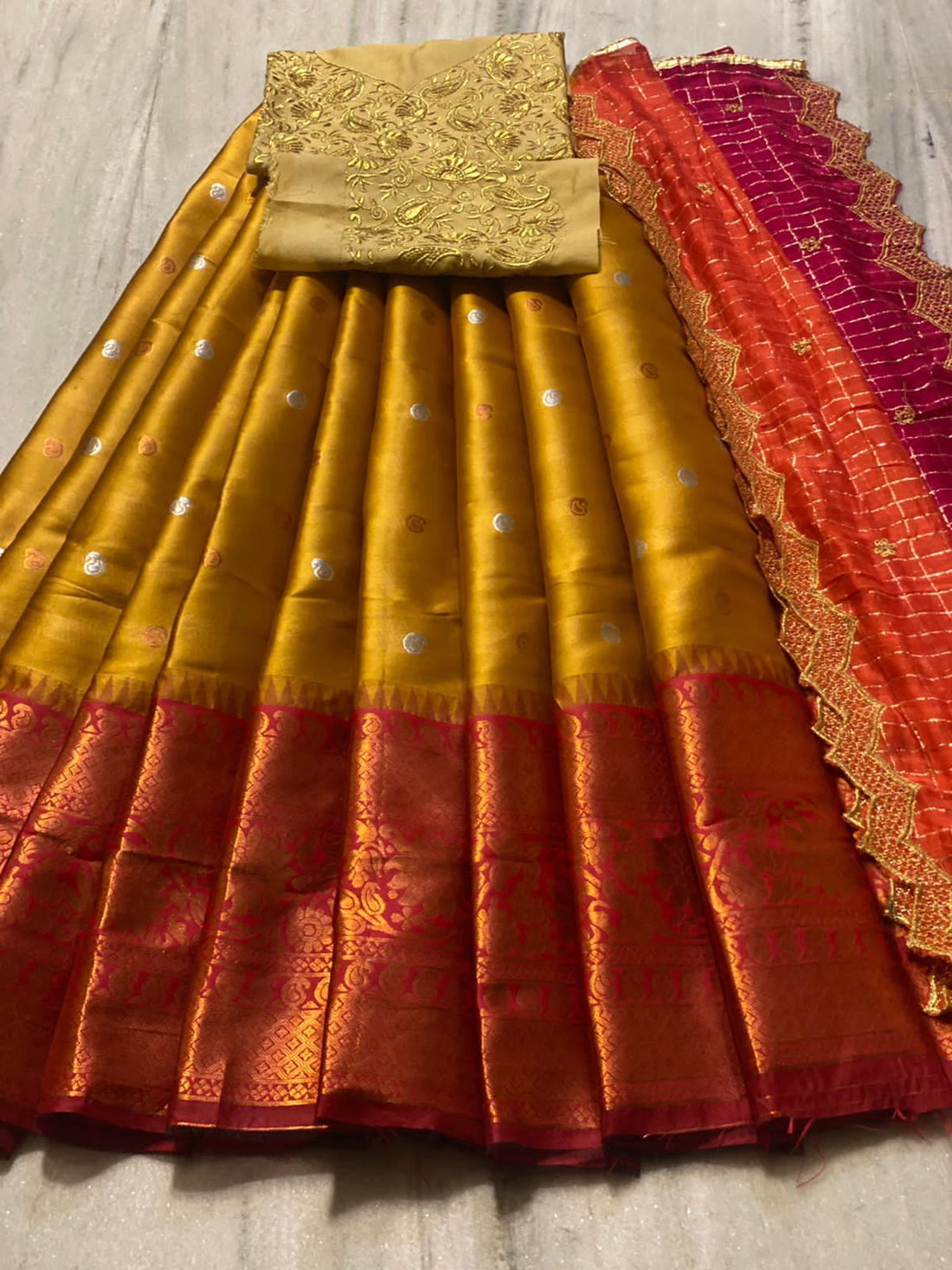 Beautiful Kanjiveram Silk Pure Zari HALF Saree with Blouse Along With Dupptta