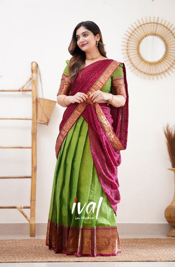 Beautiful Kanjiveram Silk Pure Zari HALF Saree with Blouse Along With Dupptta