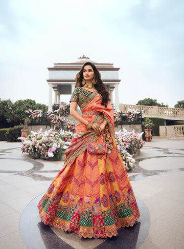 Orange and Green Banarasi Silk Bridal Lehenga with Zarkan Codding