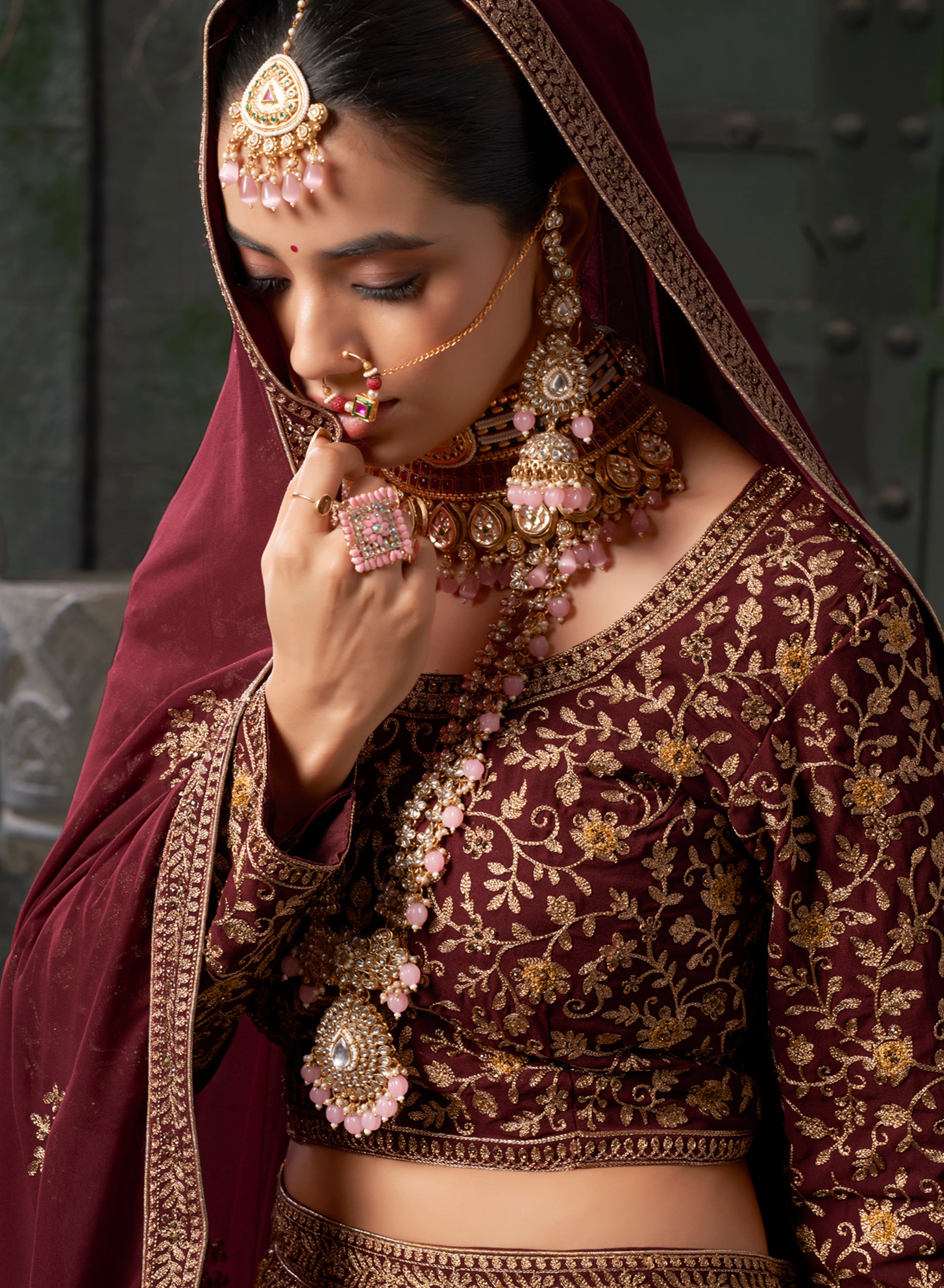 Burgundy Bridal Lehenga Choli in Premium Georgette with Zarkan Work