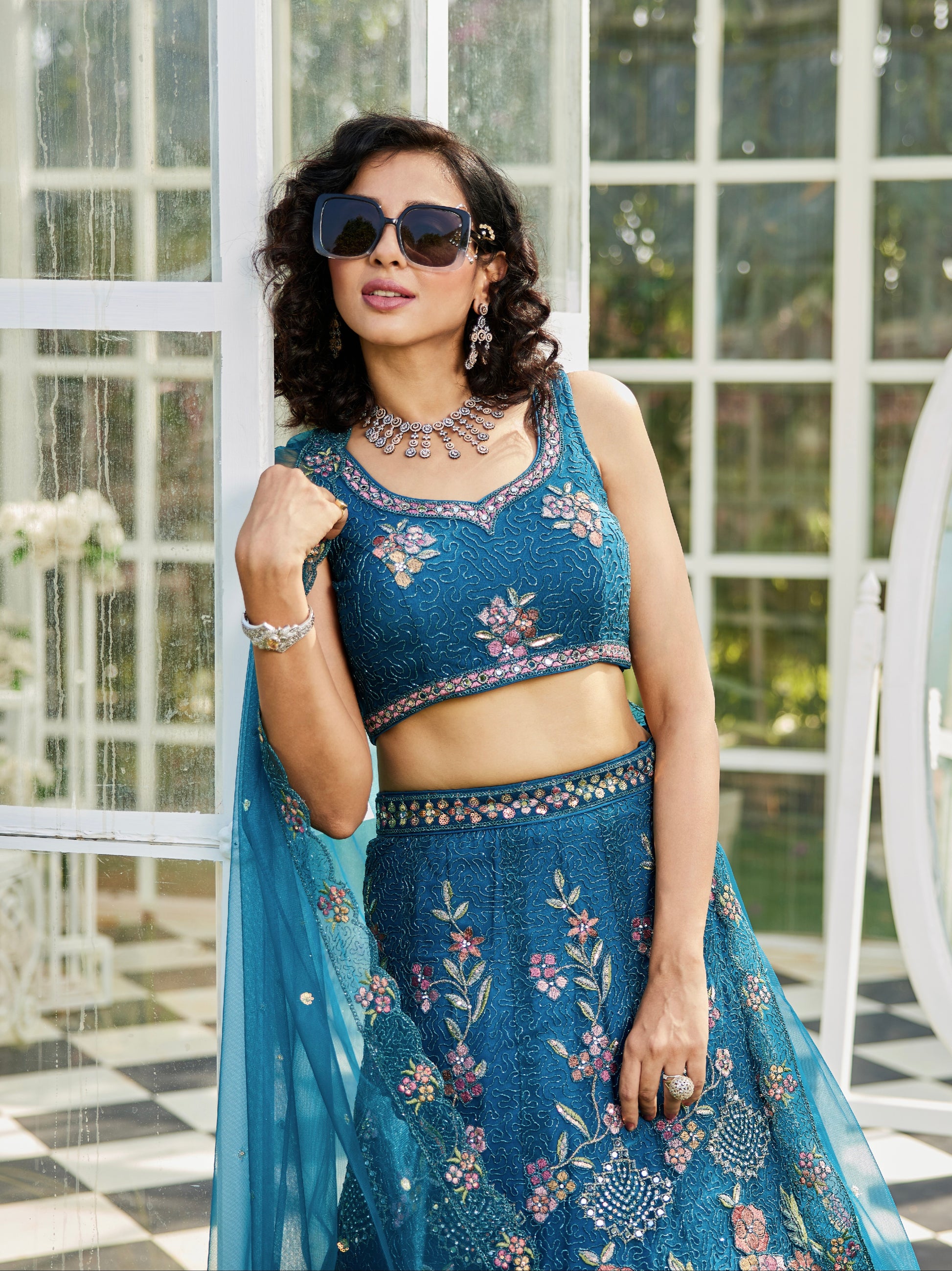 Navy Blue Net Embroidered Net Lehenga with Sequins & Zarkan Work