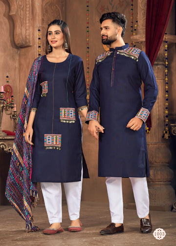 Navratri Special Couple combo of Kurta with Pajama & Kurti with Pants & Dupatta Dress