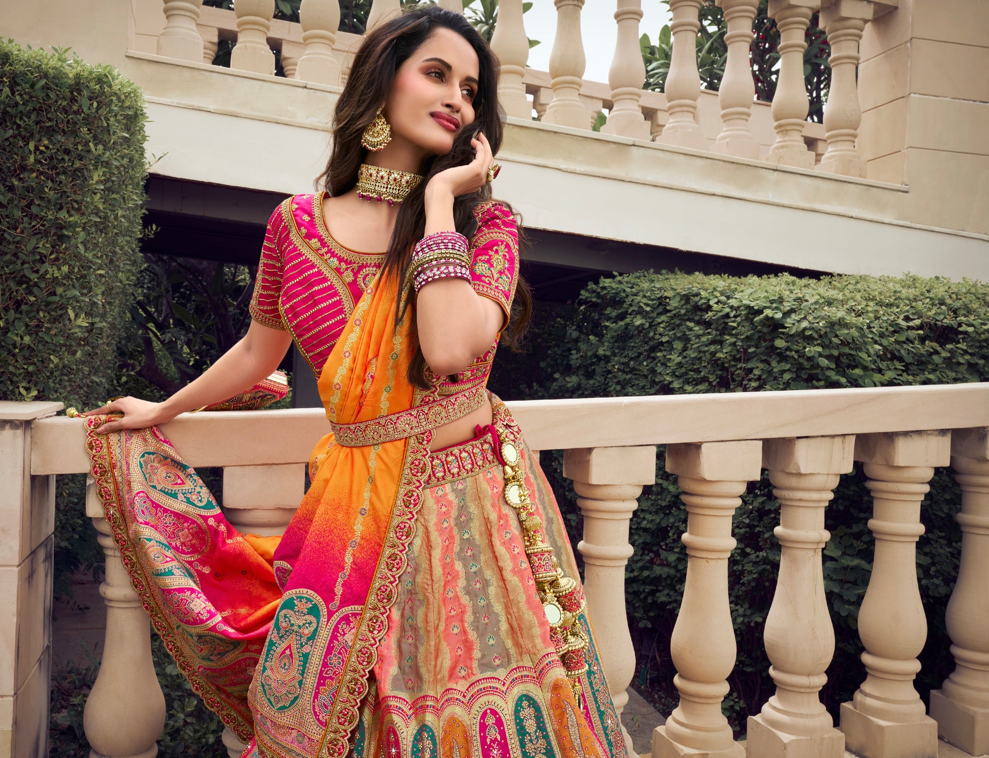 Yellow and Pink Banarasi Silk Festive Lehenga with Zarkan Work