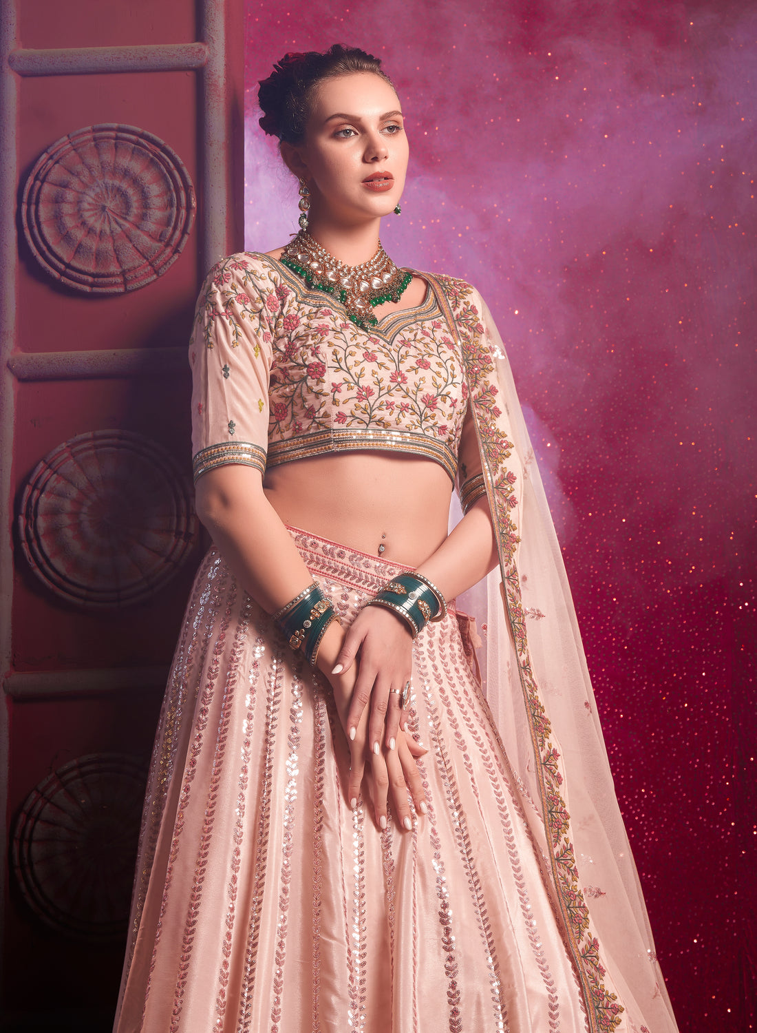 Peach Lehenga in Vanilla Shine Silk with Sequins & Thread Embroidery