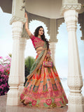 Orange and Pink Banarasi Silk Lehenga with Zarkan Codding