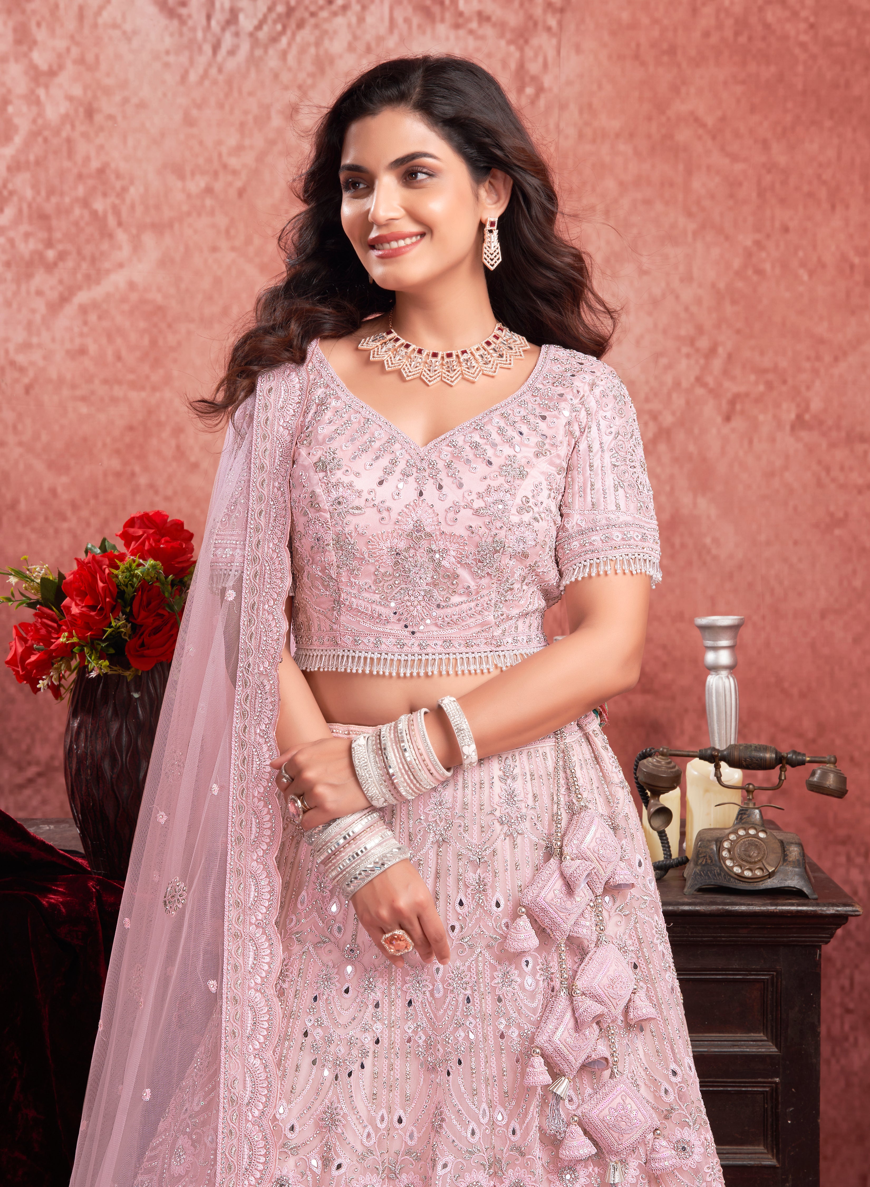 Baby Pink Premium Net Bridal Lehenga with Hand Embroidery