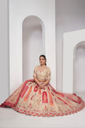 Bright Cream Pink Paisley and Peacock Embroidered Bridal Lehenga