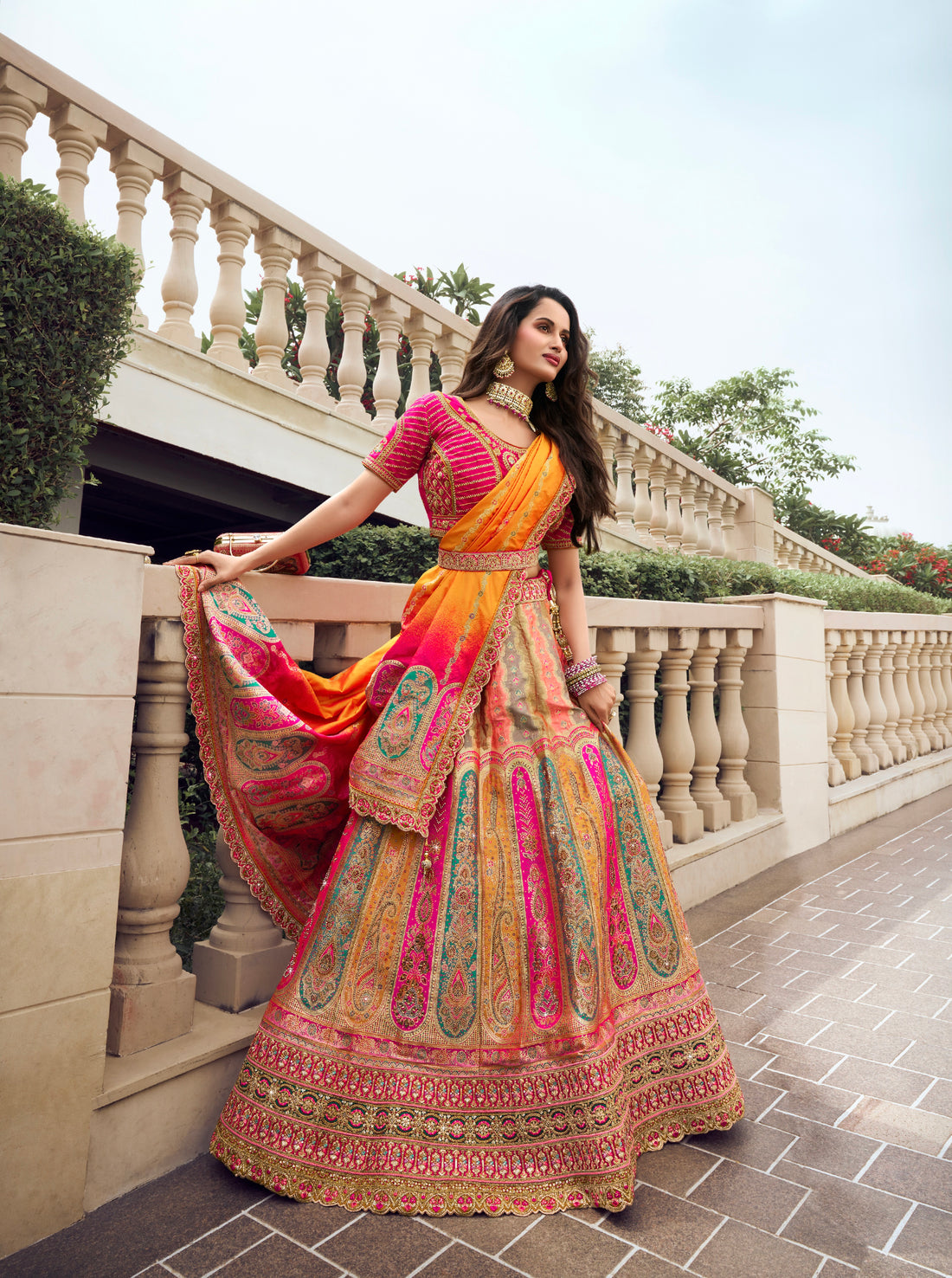 Yellow and Pink Banarasi Silk Festive Lehenga with Zarkan Work