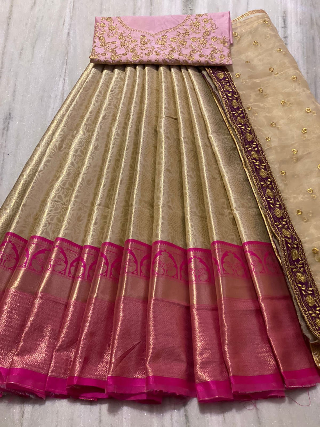 Beautiful Kanjiveram Silk Pure Zari HALF Saree with Blouse Along With Dupptta