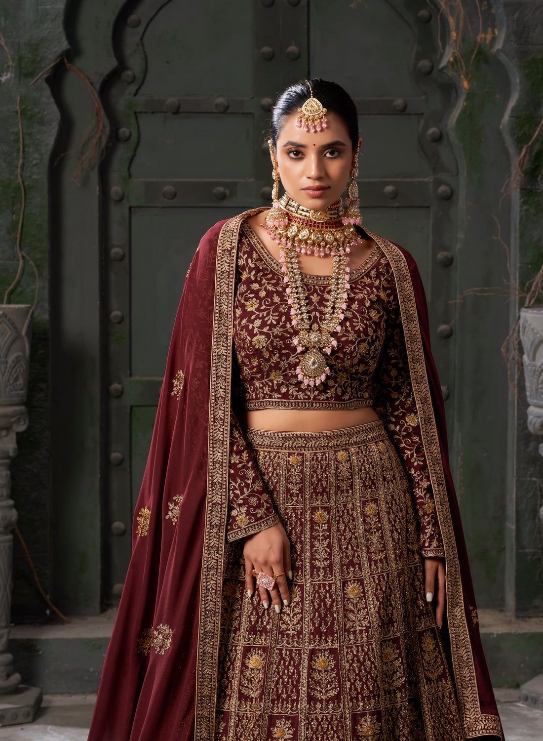 Burgundy Bridal Lehenga Choli in Premium Georgette with Zarkan Work