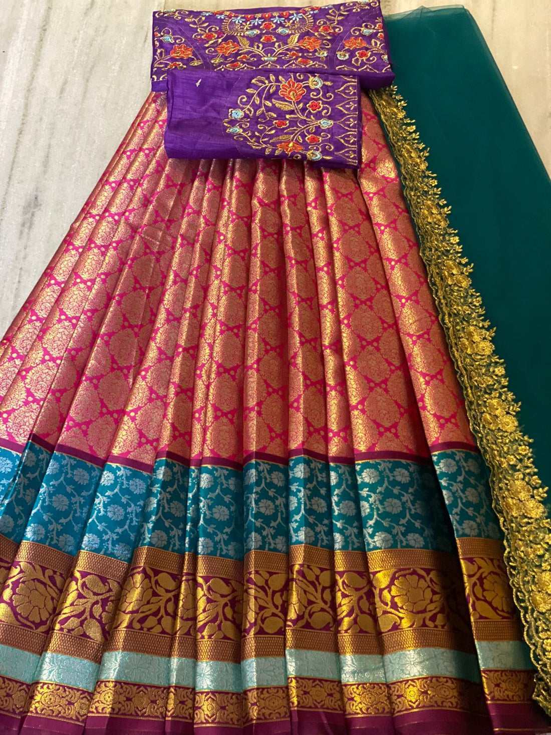 Beautiful Kanjiveram Silk Pure Zari HALF Saree with Blouse Along With Dupptta