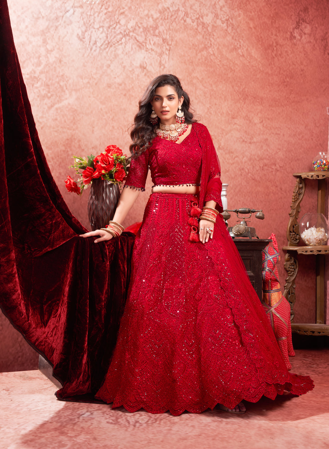 Red Premium Net Bridal Lehenga Zarkan Embellishments