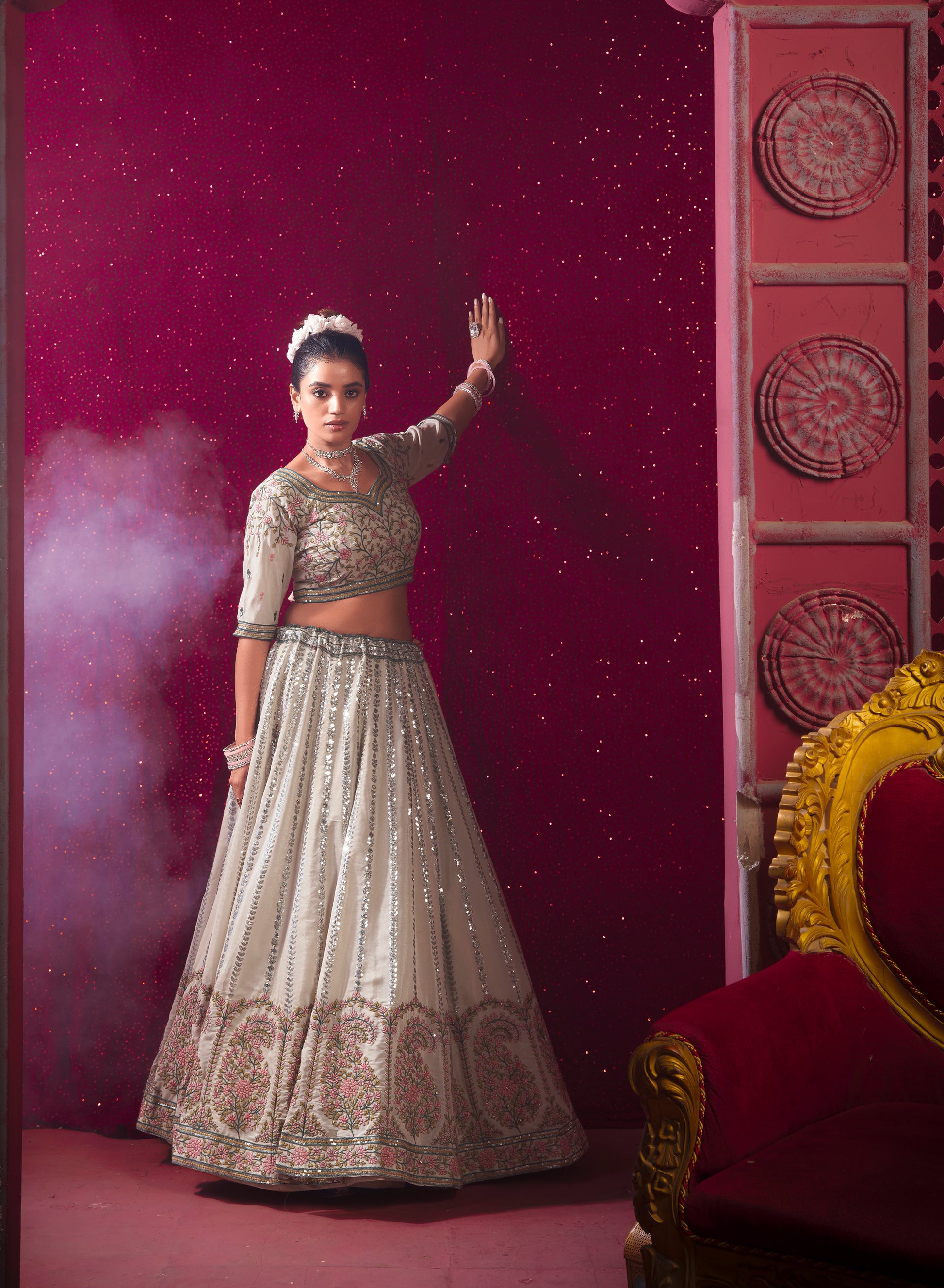 Off-White Lehenga in Vanilla Shine Silk & Sequins & Thread Embroidery