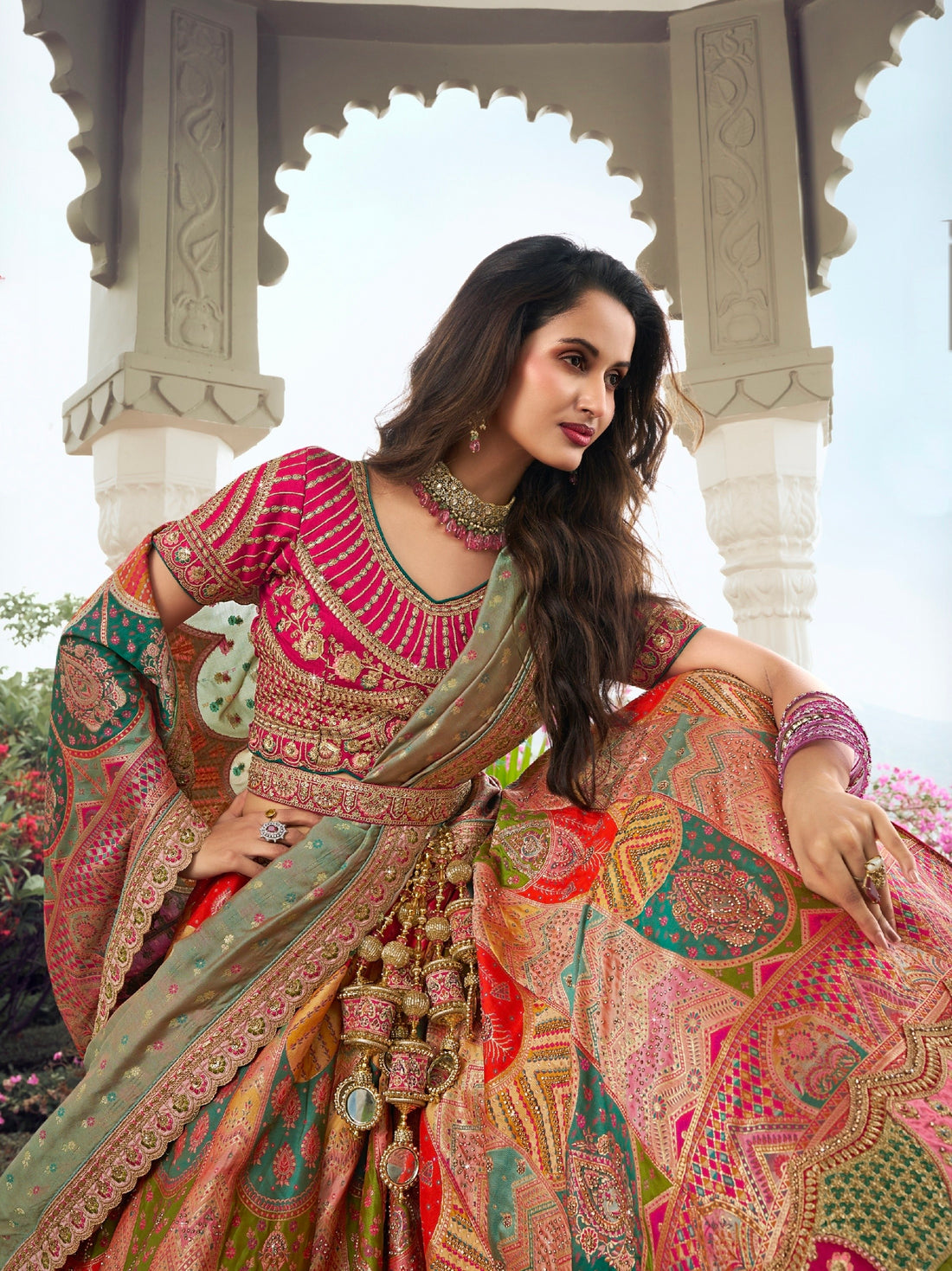 Orange and Pink Banarasi Silk Lehenga with Zarkan Codding