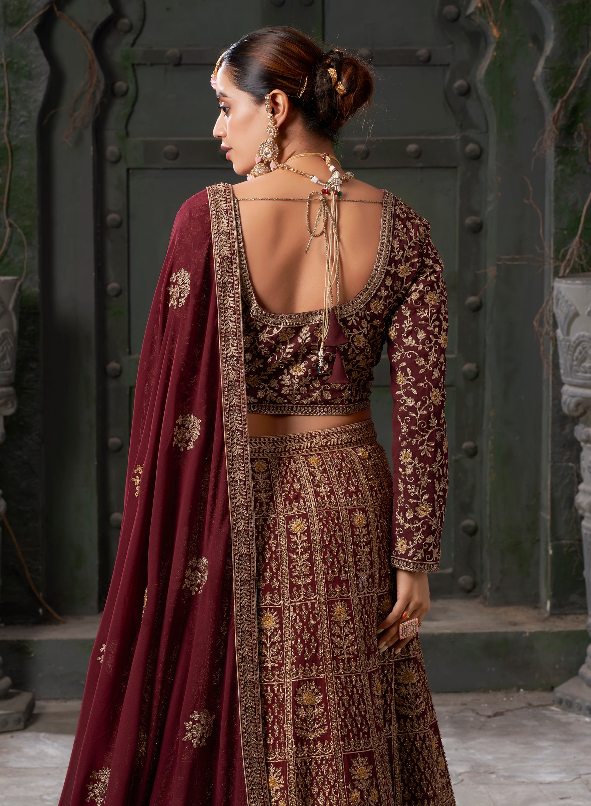 Burgundy Bridal Lehenga Choli in Premium Georgette with Zarkan Work