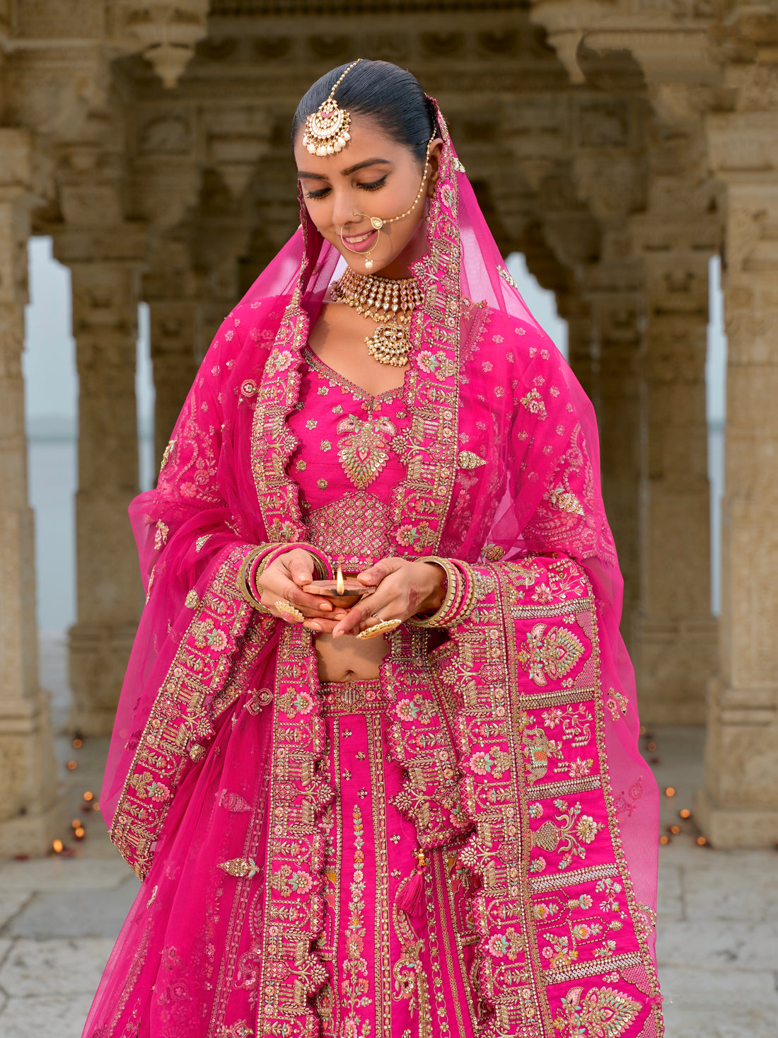 Bright Pink and Gold Embroidered Bridal Lehenga