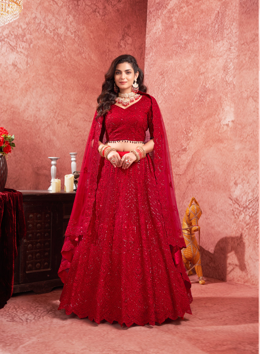 Red Premium Net Bridal Lehenga Zarkan Embellishments