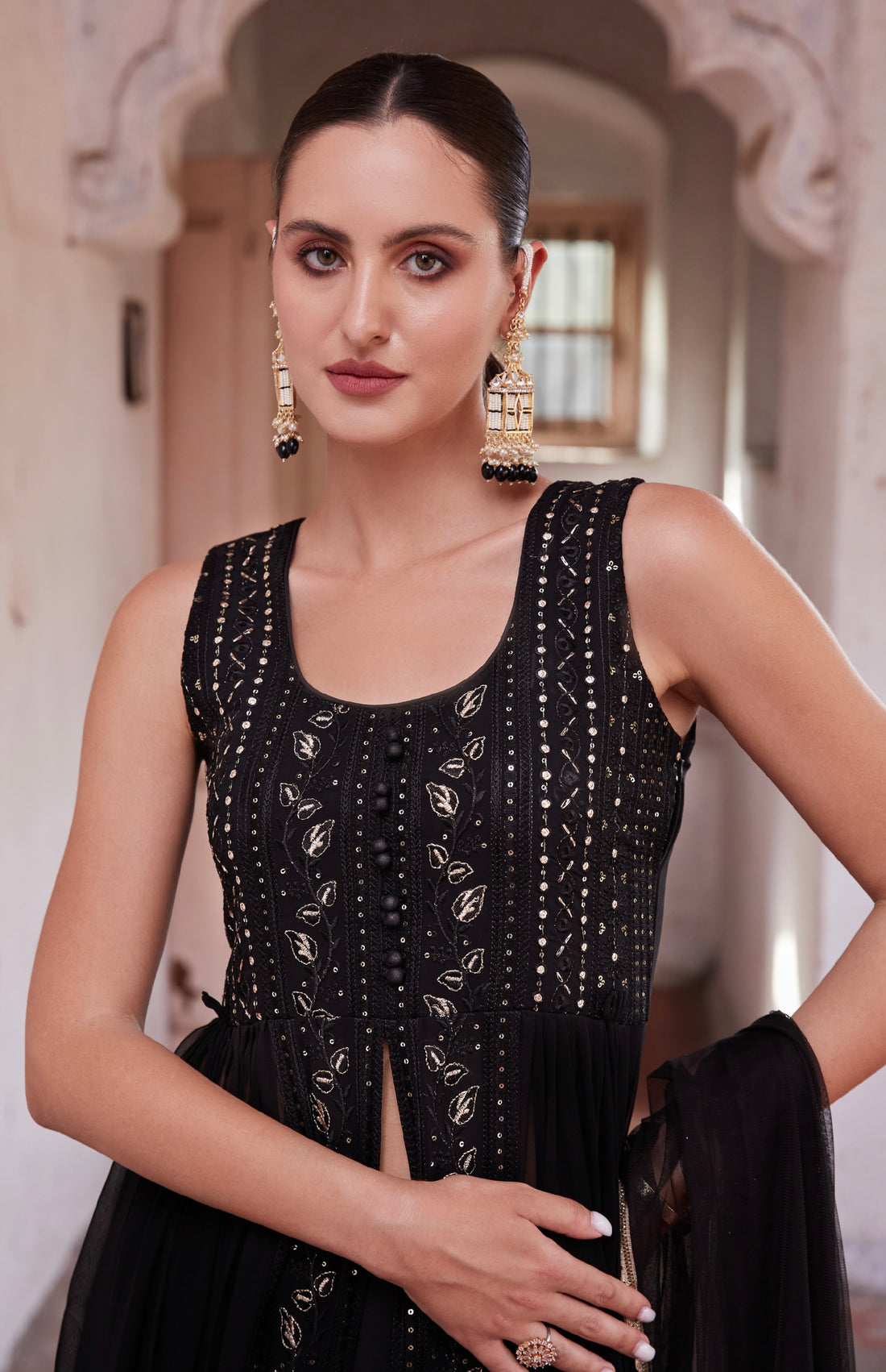 Black Anarkali Gown In Georgette With Zari Embroidery