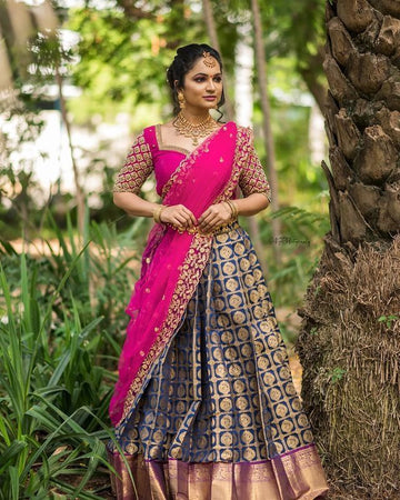 Beautiful Kanjiveram Silk Pure Zari HALF Saree with Blouse Along With Dupptta