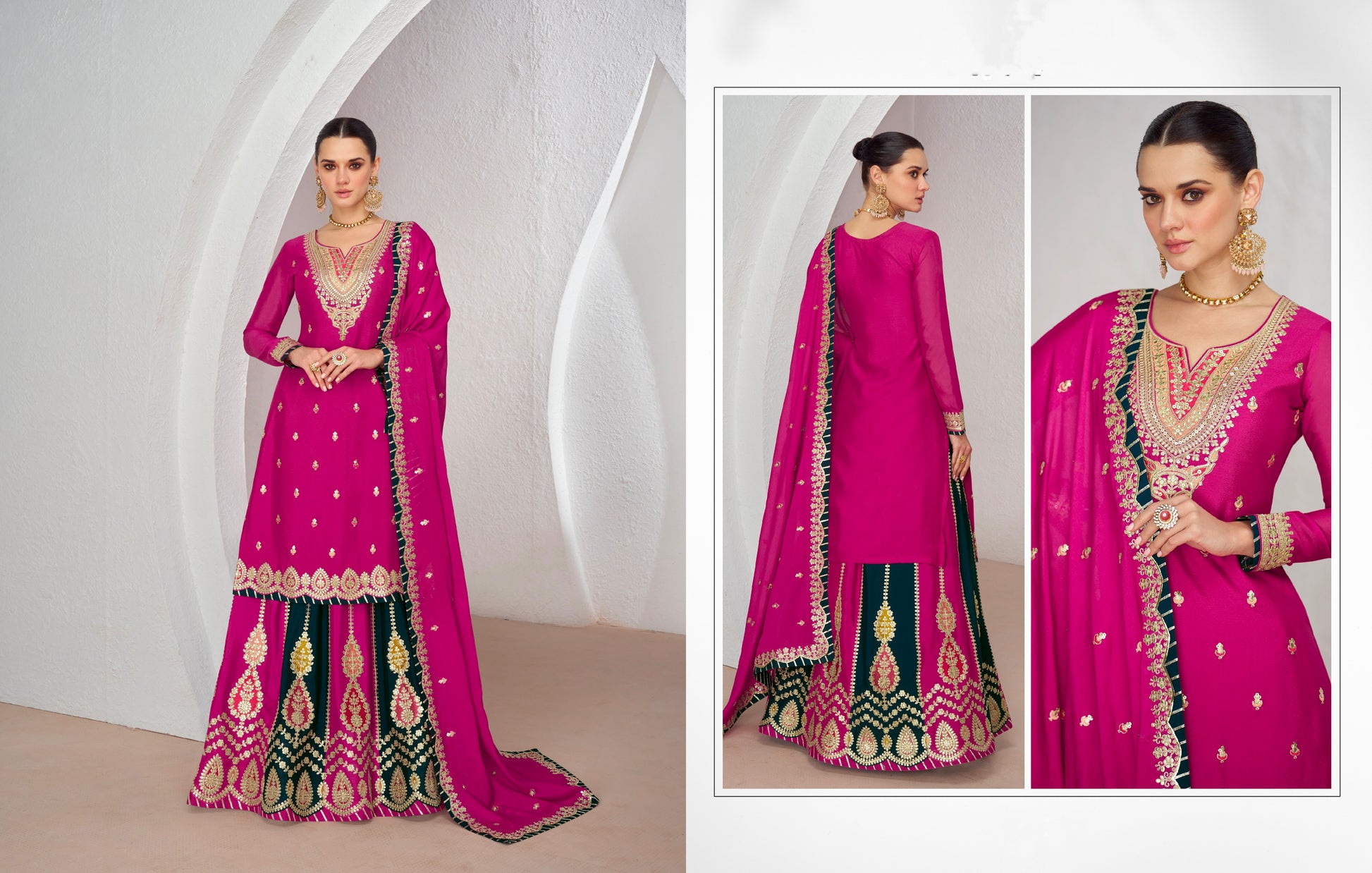 Pink Chinnon Silk Anarkali Suit with Embellished Skirt & Dupatta