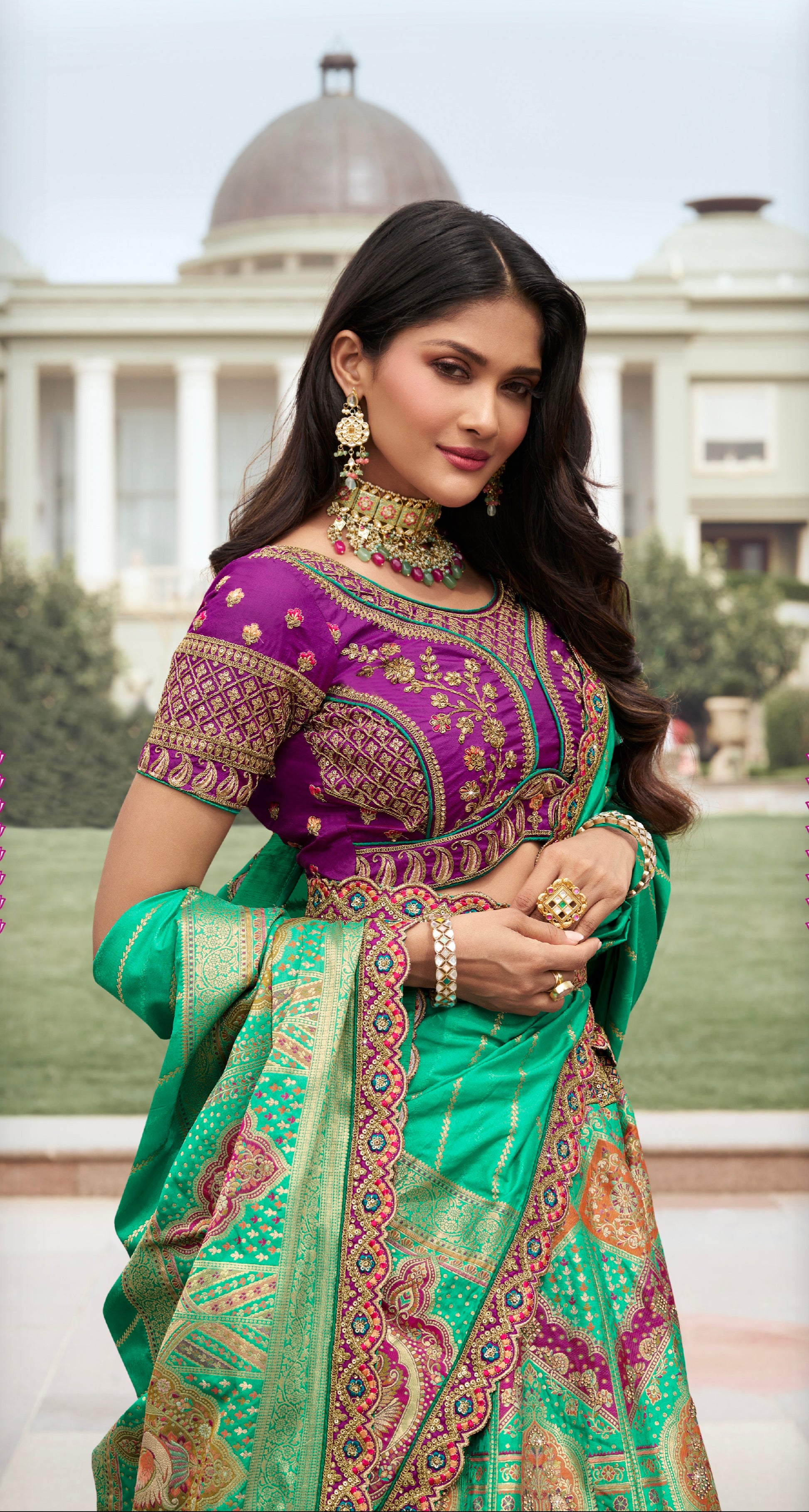 Green and Pink Banarasi Silk Lehenga with Zarkan Codding Work