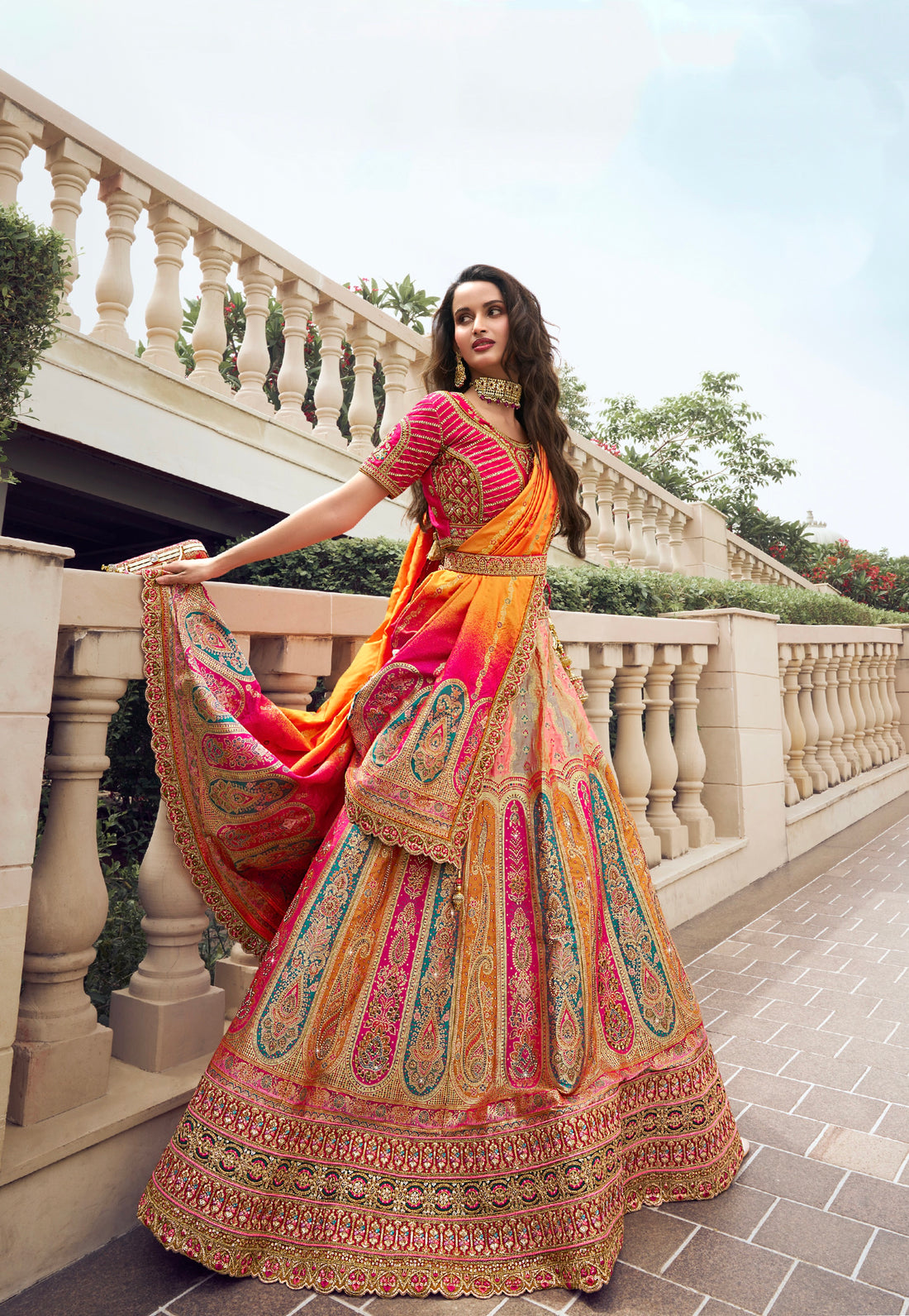 Yellow and Pink Banarasi Silk Festive Lehenga with Zarkan Work