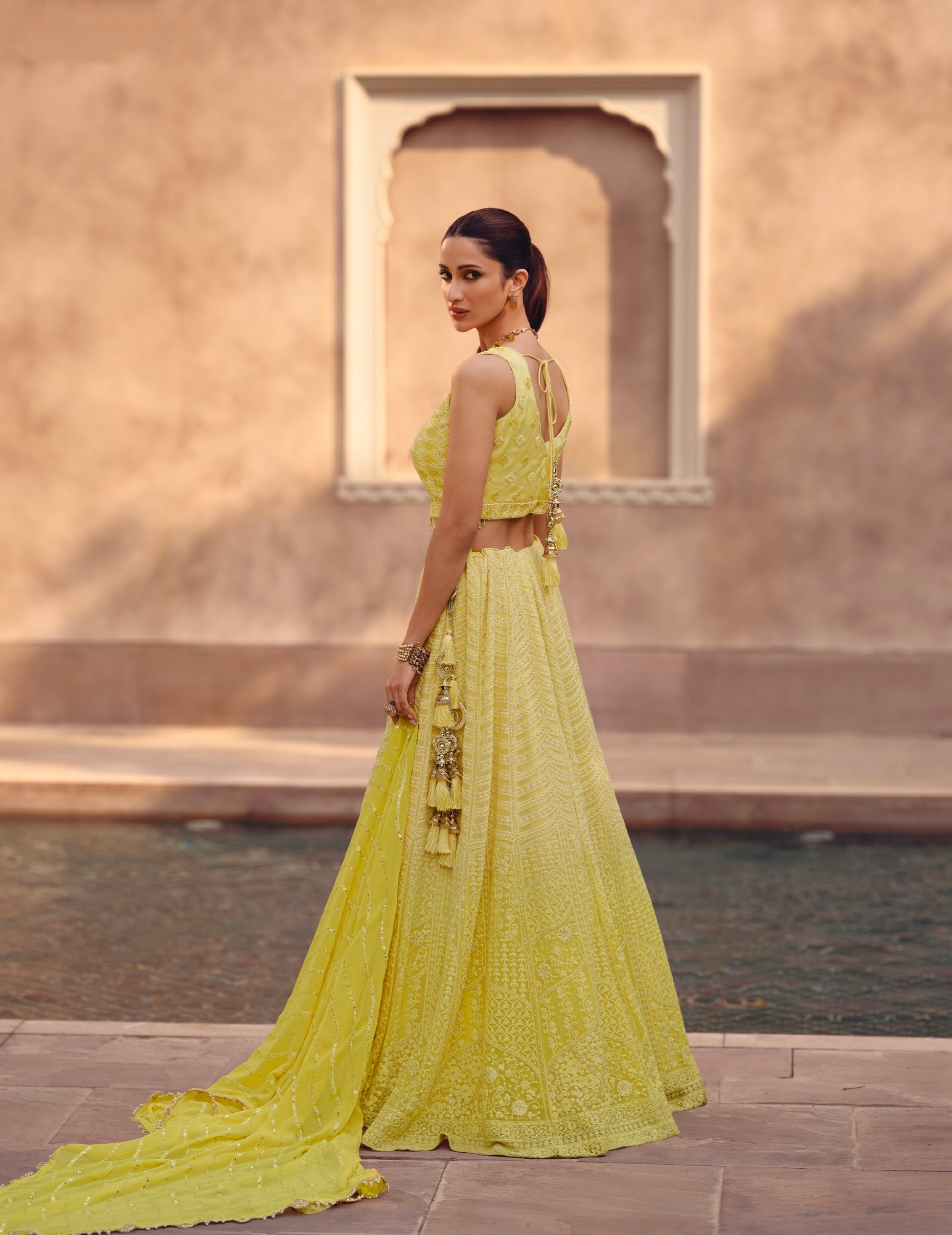 Yellow Embroidered Crop Top and Skirt Lehenga Set