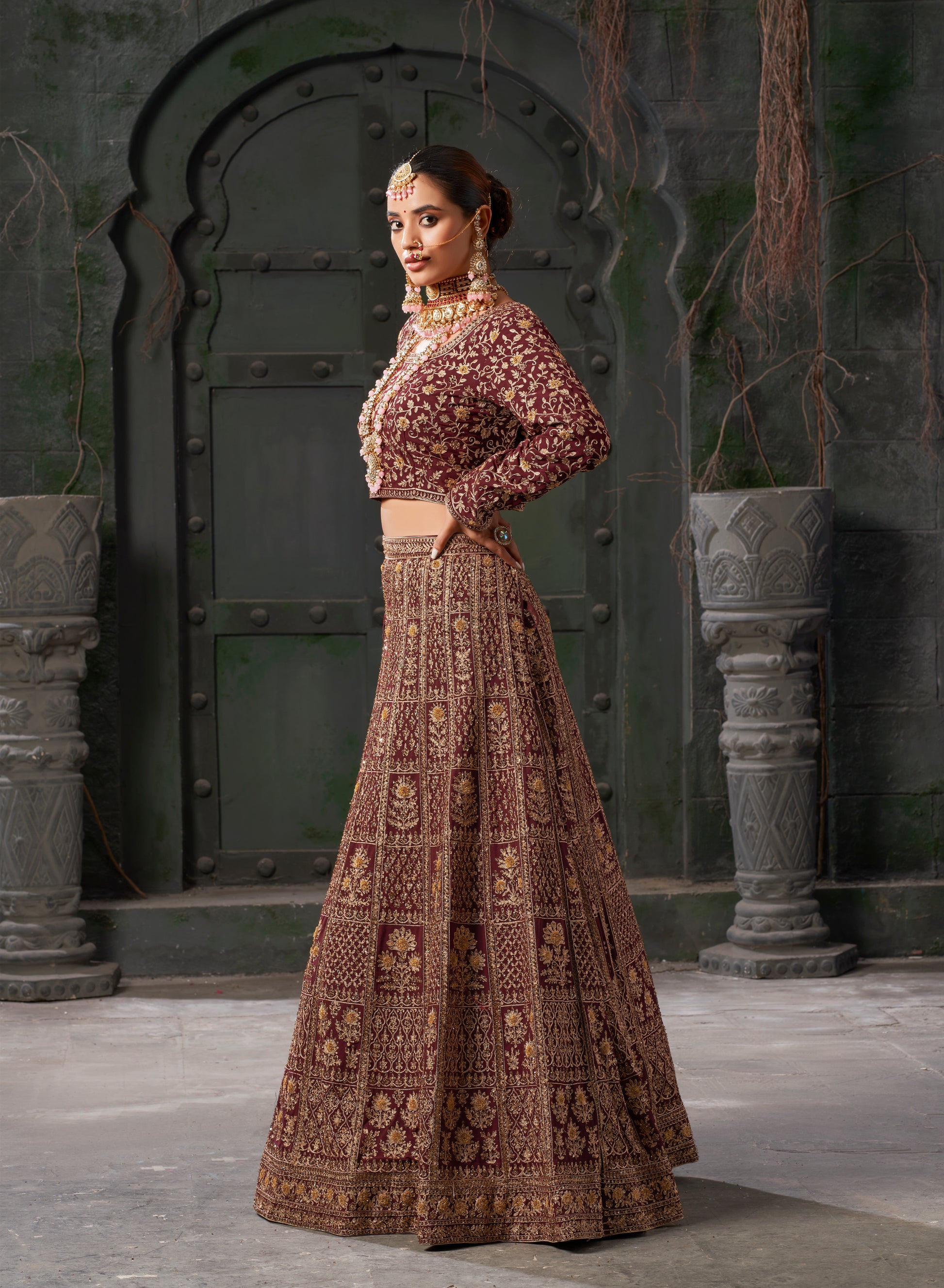 Burgundy Bridal Lehenga Choli in Premium Georgette with Zarkan Work