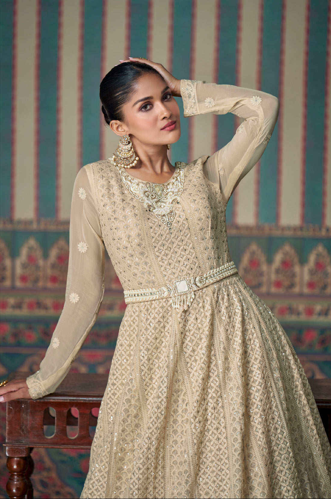 Beige Chikankari Embroidered Anarkali Suit with Dupatta