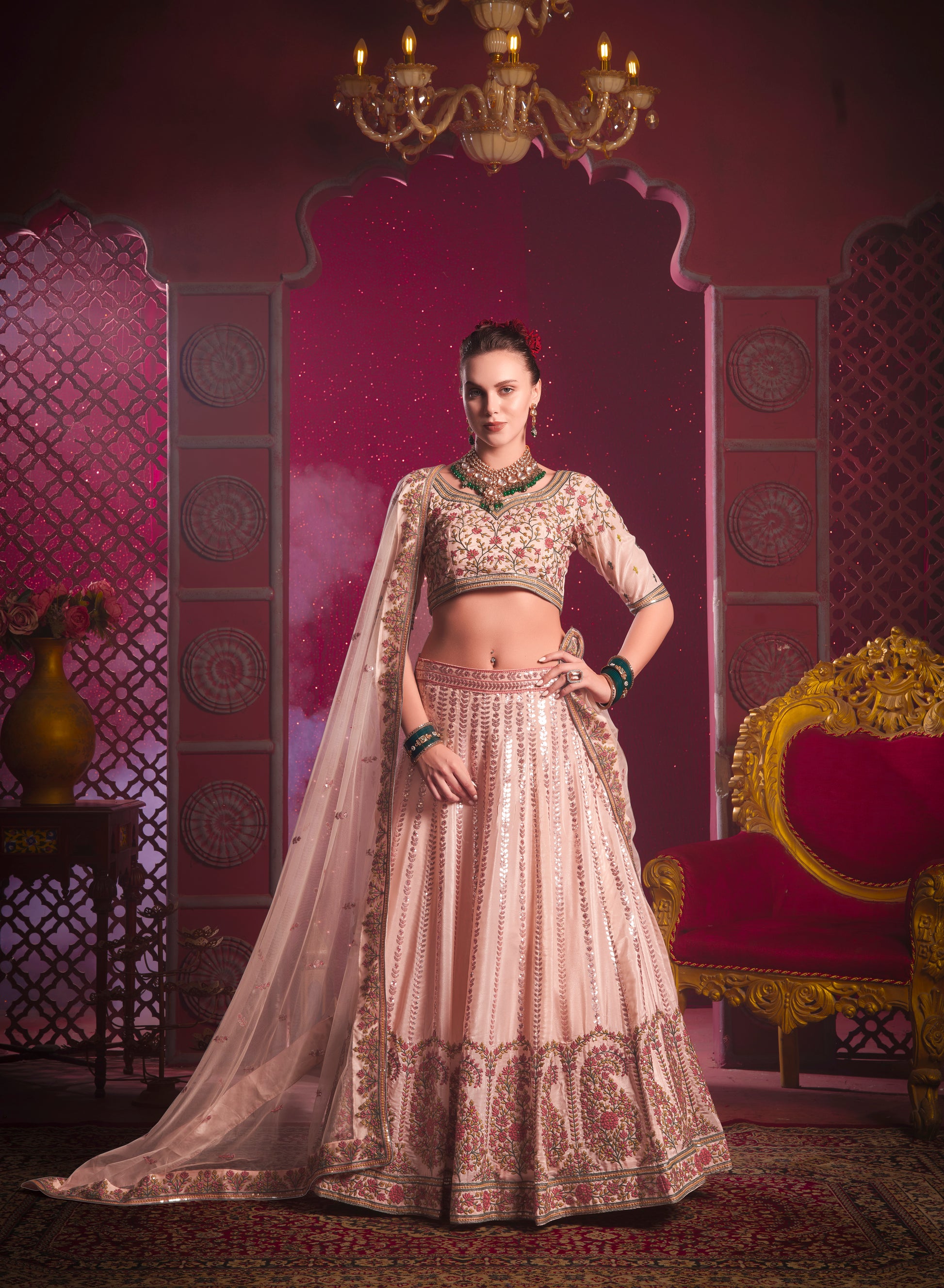 Peach Lehenga in Vanilla Shine Silk with Sequins & Thread Embroidery