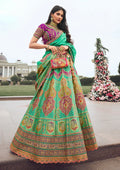 Green and Pink Banarasi Silk Lehenga with Zarkan Codding Work