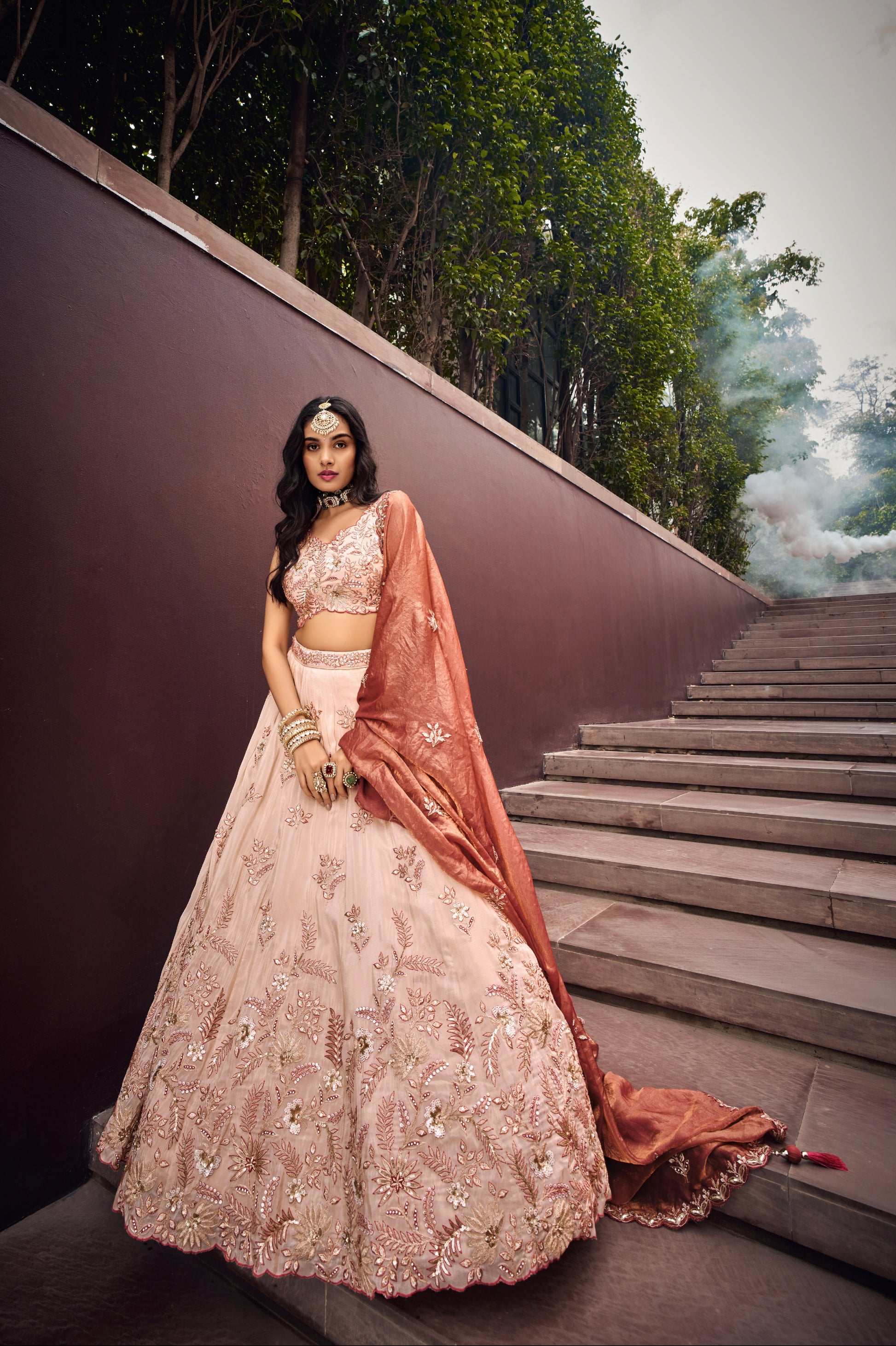 Cream & Rose Gold Embroidered Bridal Lehenga with Viscose Dupatta