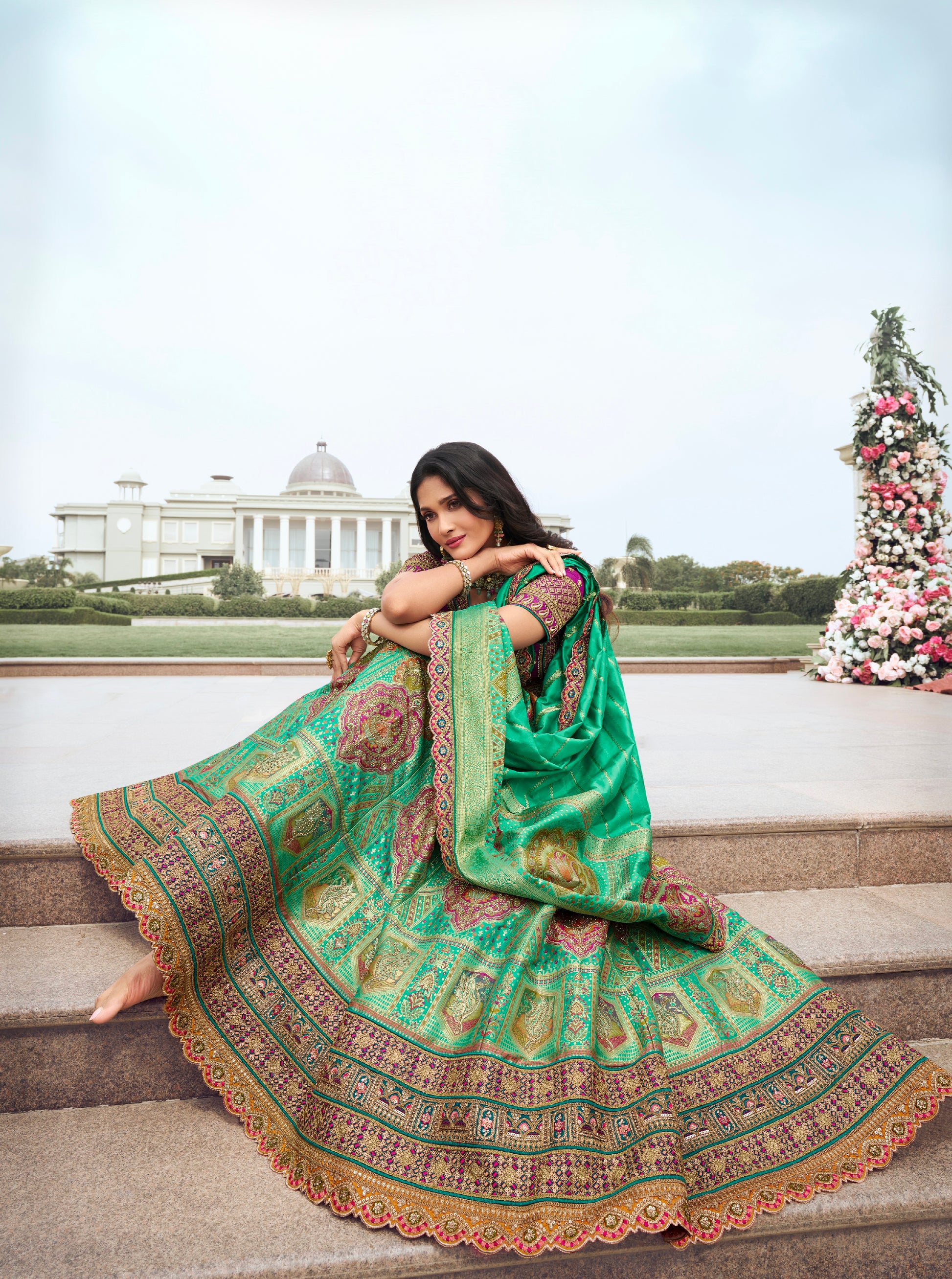 Green and Pink Banarasi Silk Lehenga with Zarkan Codding Work