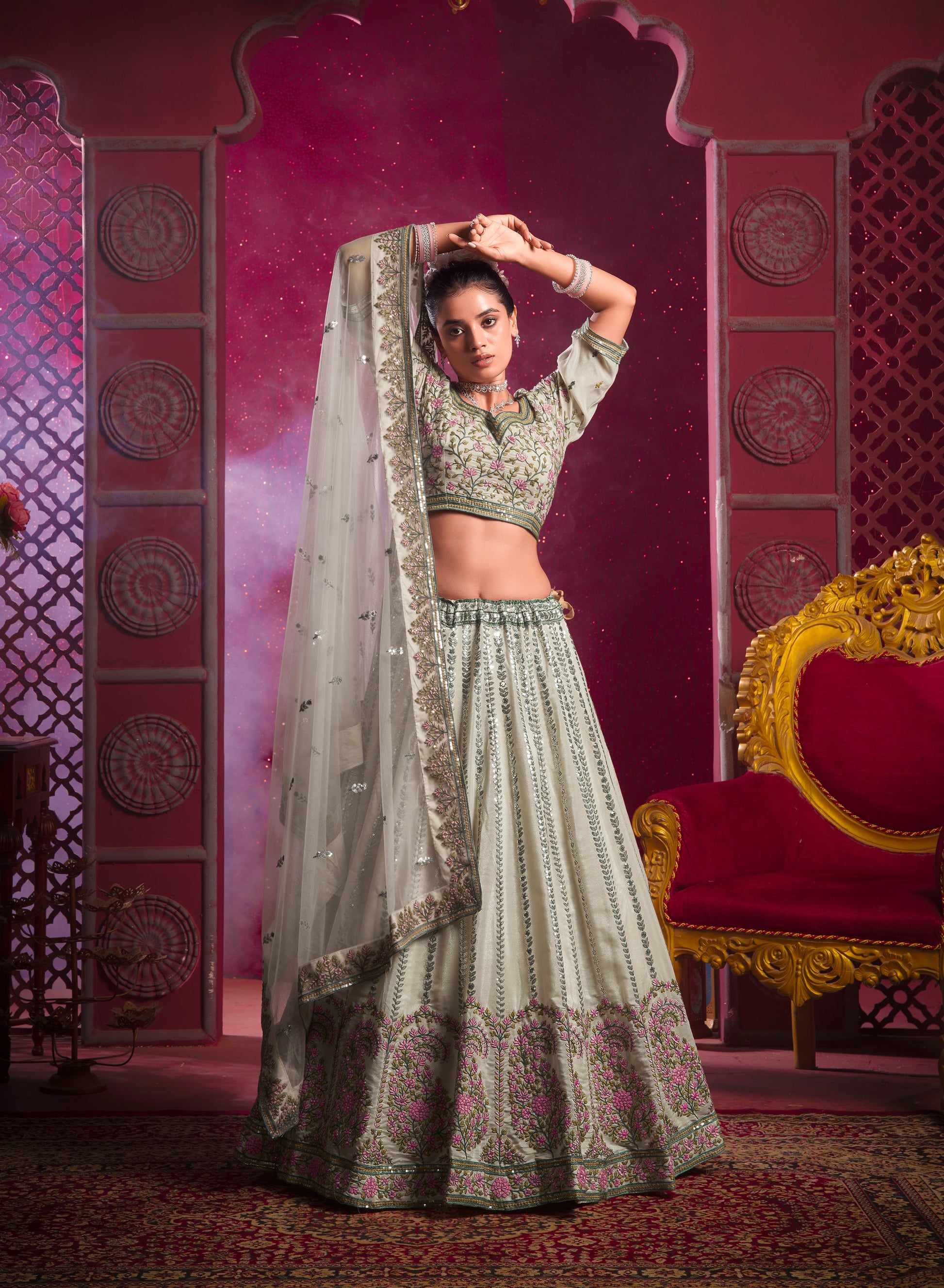 Off-White Lehenga in Vanilla Shine Silk & Sequins & Thread Embroidery