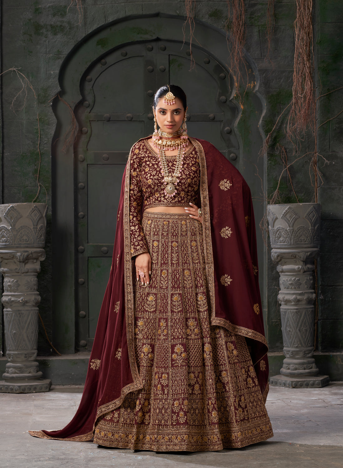 Burgundy Bridal Lehenga Choli in Premium Georgette with Zarkan Work