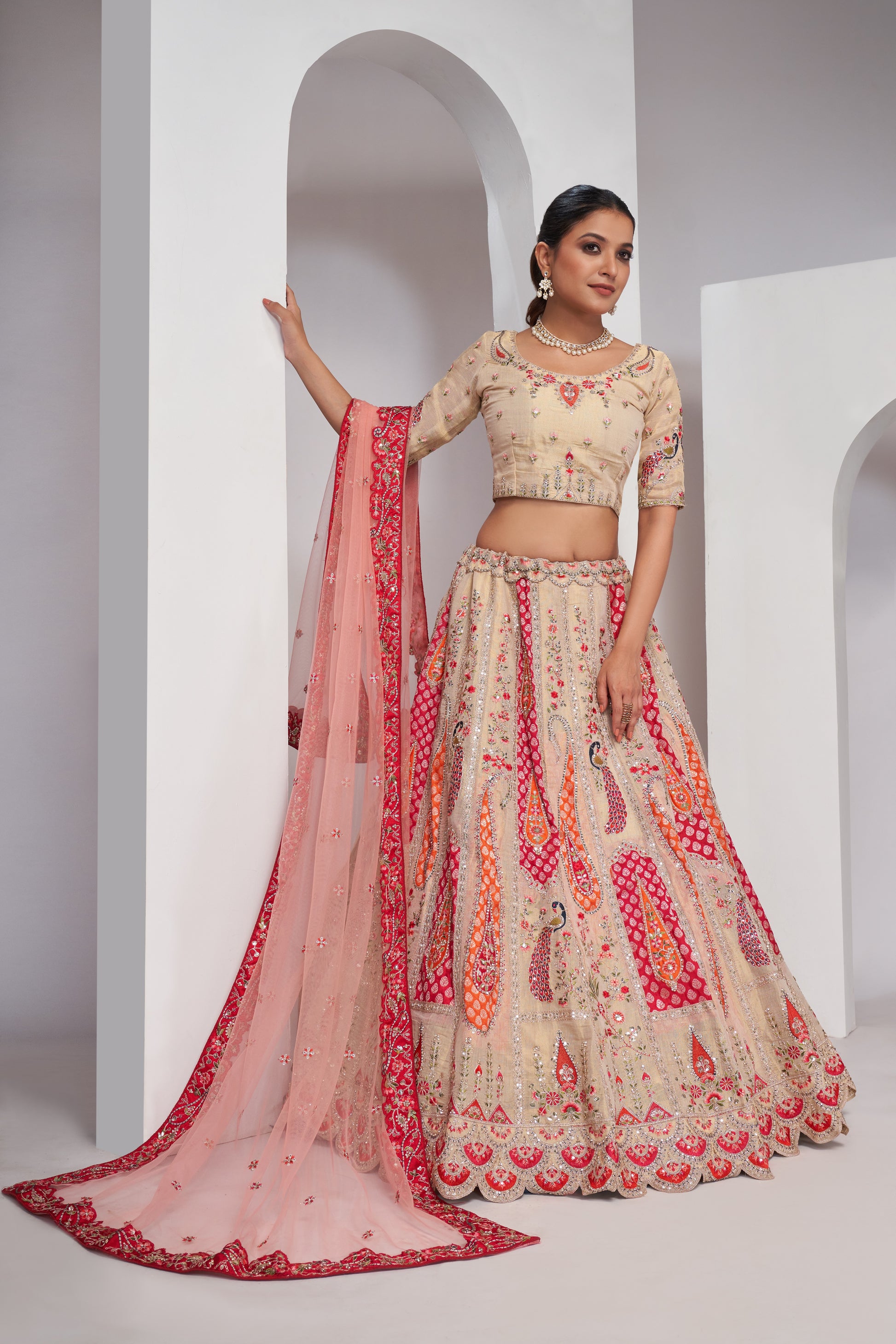 Bright Cream Pink Paisley and Peacock Embroidered Bridal Lehenga