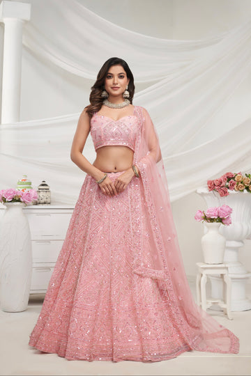 Peach Net Lehenga Set with Sequin & Cut Dana Embellishments