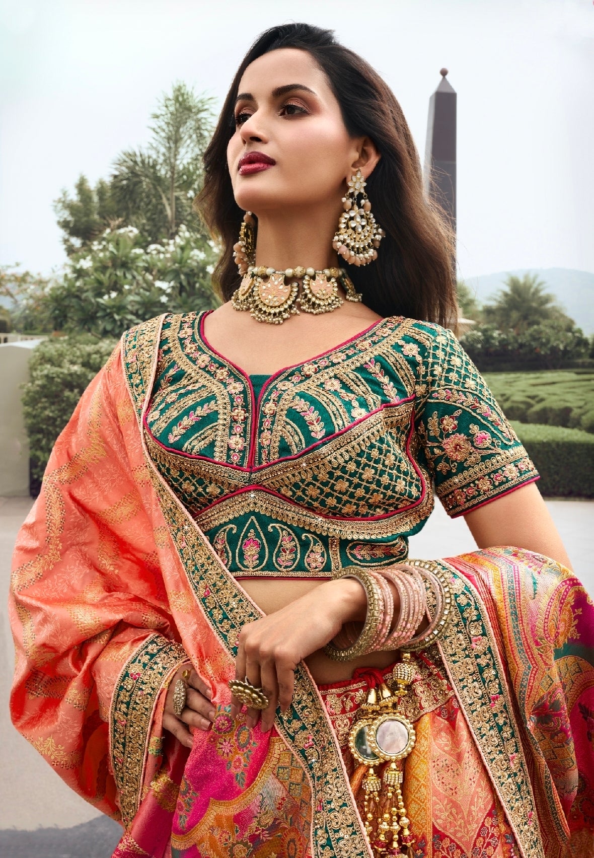 Orange and Green Banarasi Silk Bridal Lehenga with Zarkan Codding