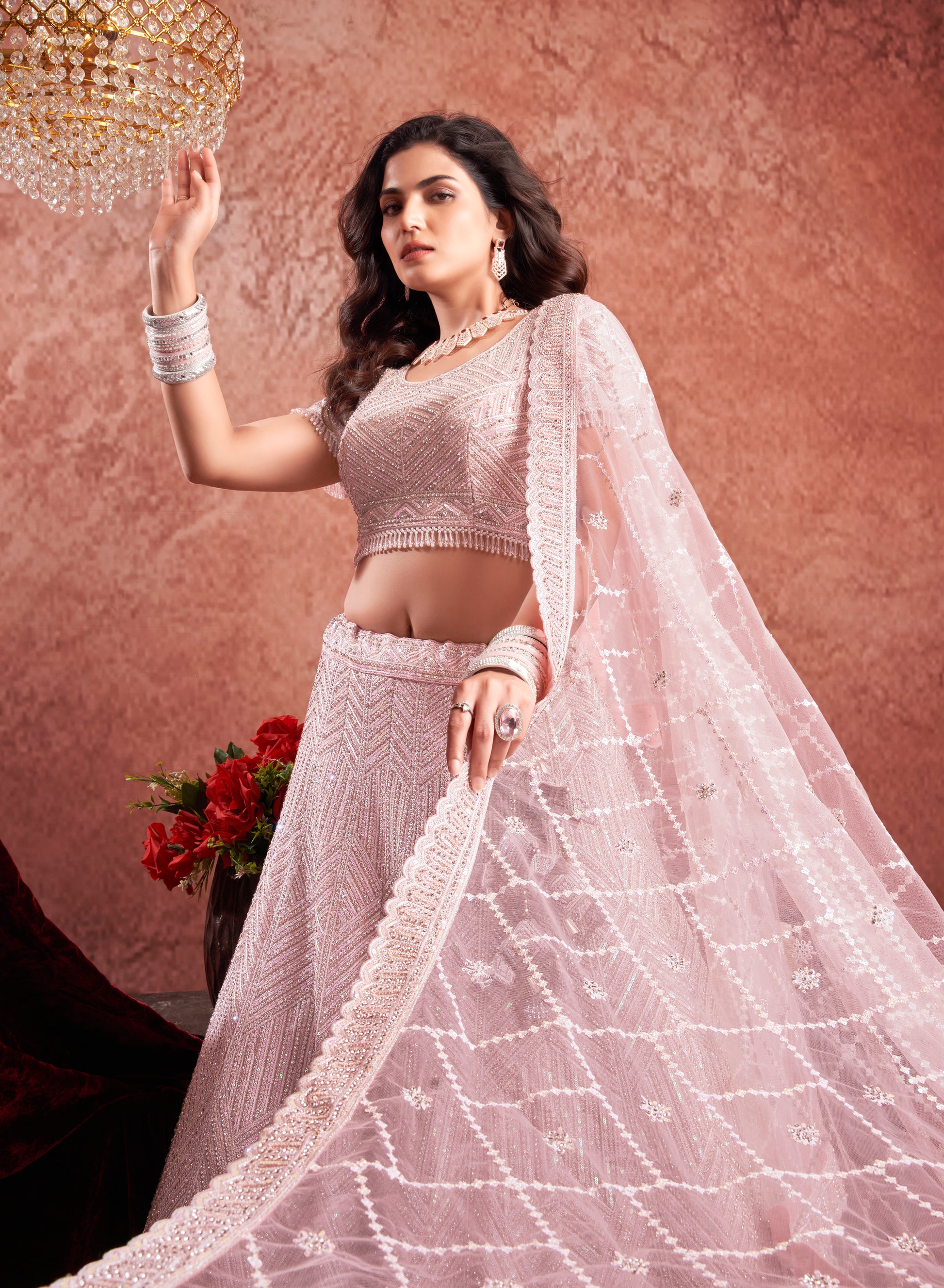 Baby Pink Premium Net Bridal Lehenga Zarkan Hand Embroidery