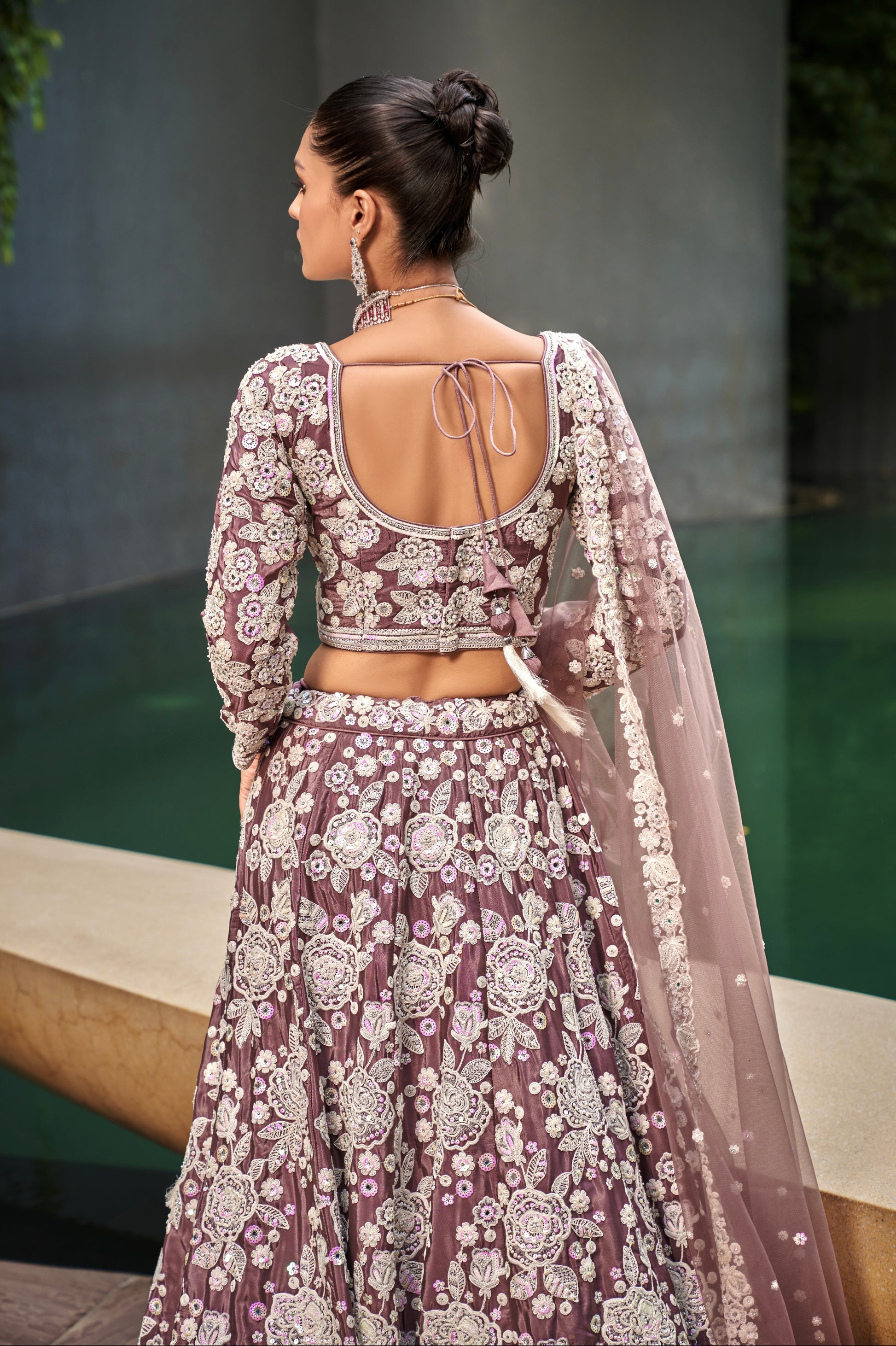 Lavender Satin Bridal Lehenga with Moti and Sequins Embroidery