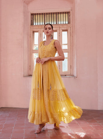 Yellow Full Flared Anarkali Gown In Georgette With Thread And Sequins Embroidery