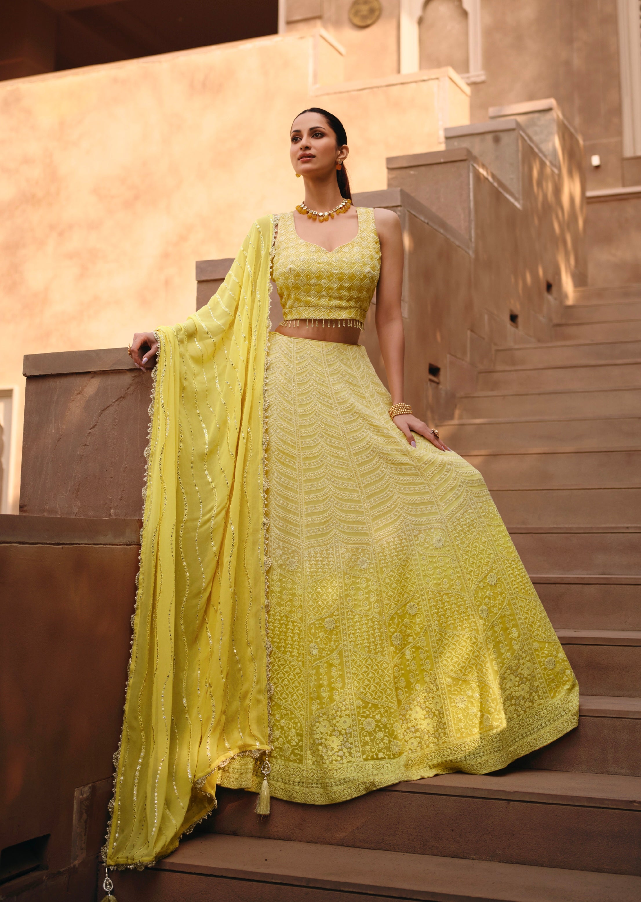 Yellow Embroidered Crop Top and Skirt Lehenga Set